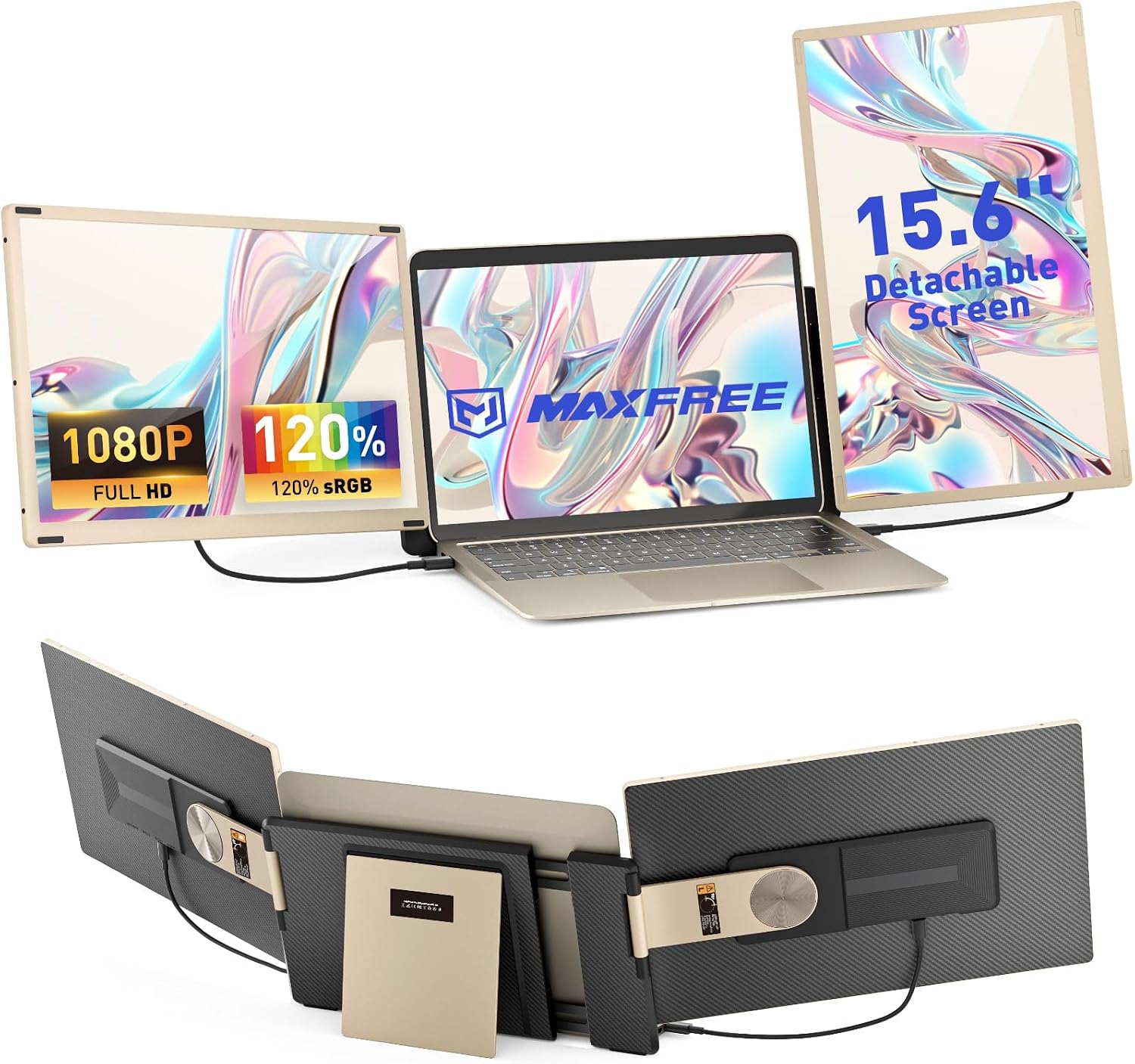 Maxfree S6 Laptop Screen Extender, 15.6'' 1080P Monitor Extender, 11 Display Modes, Plug & Play, Detachable Screen Triple Monitor for Laptop 13'-17.3', Compatible with Mac/Windows/Android/Switch, Gold