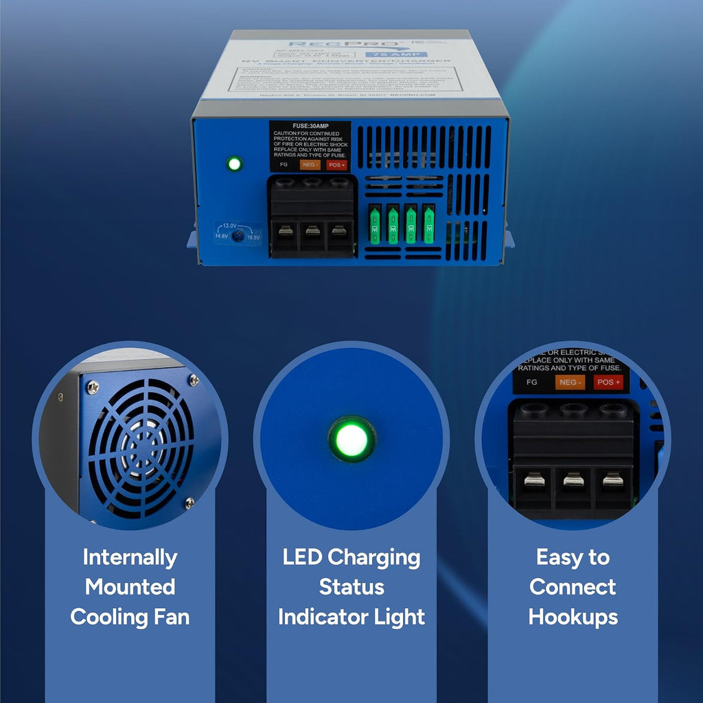 RecPro RV Converter 75 Amp | RV Power Converter & Battery Charger | 4 Stage Smart Charging | 120VAC to 12VDC | 13V to 16.5V Operating Range