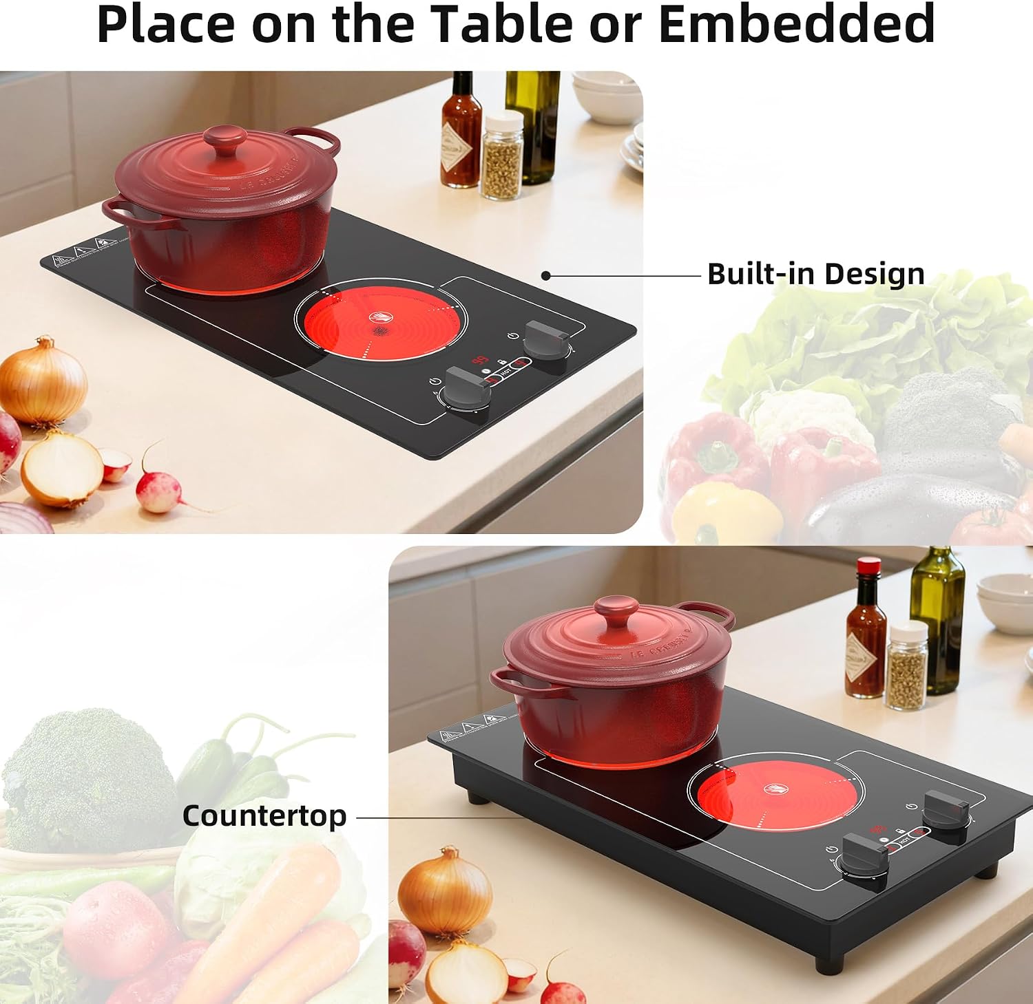 GIHETKUT Electric Cooktop,110V 2100W Stove top,9 Power Levels, Kids Lock & Timer, Hot Surface Indicator, Overheat Protection,knob and touch control 2 burner Electric cooktop