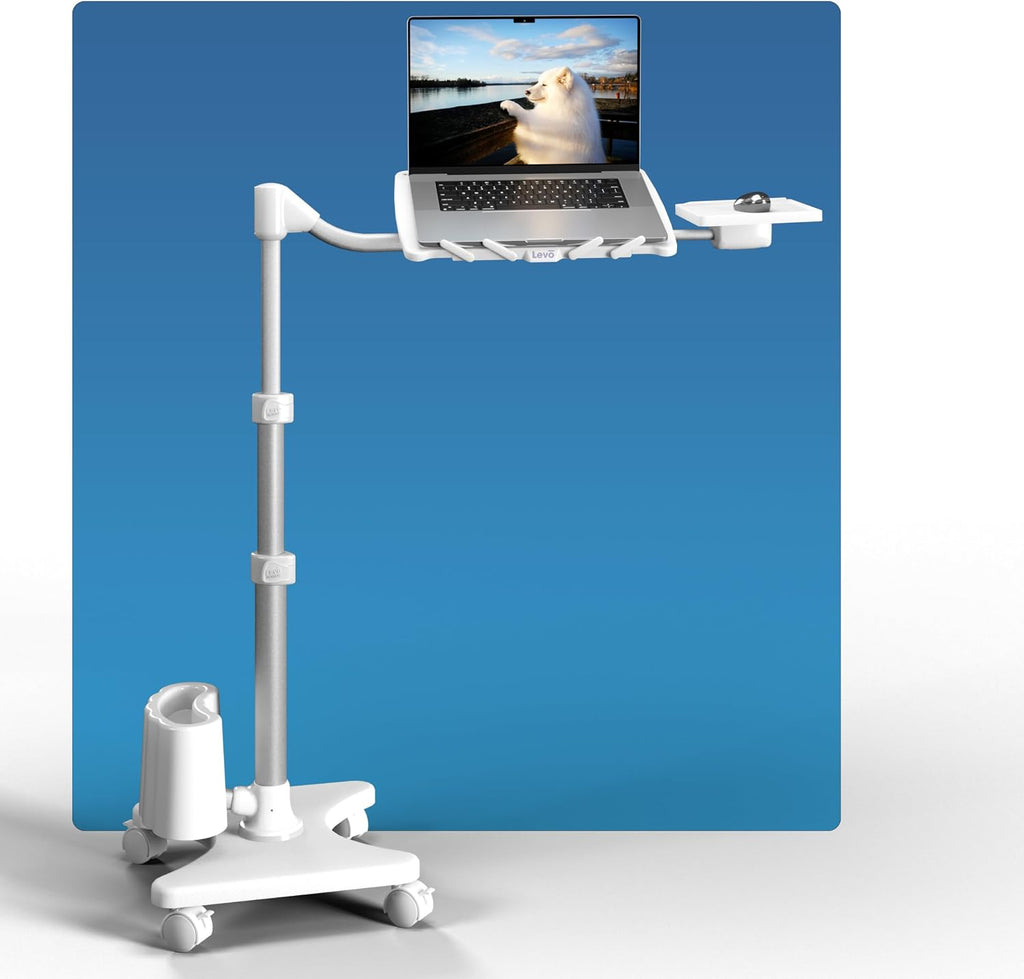 LEVO G2 Deluxe Adjustable Laptop Stand – Rolling Computer Desk & Ergonomic Table for Bed, Sofa, or Office – Portable Mobile Workstation with Tilt – Fits Devices up to 16″ - Silver & White
