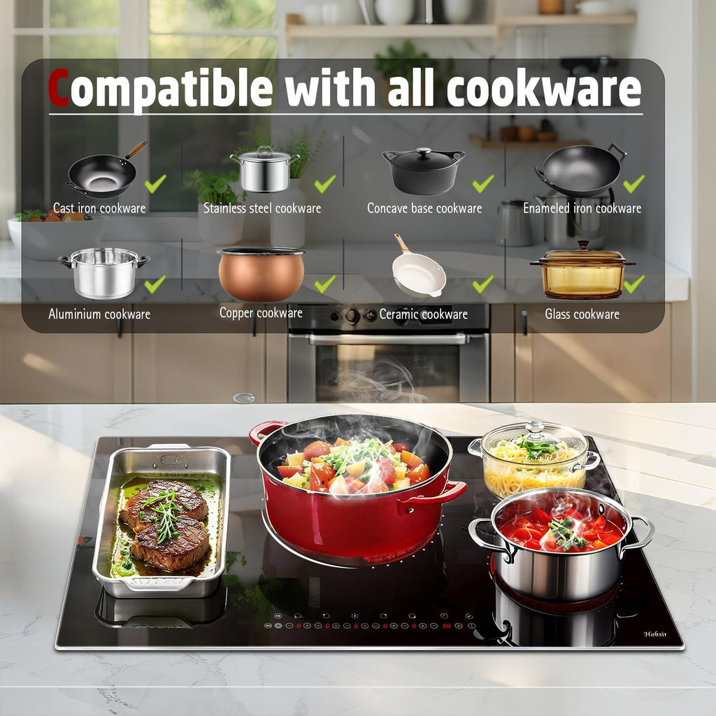 Hobsir Electric Cooktop 36 Inch, Electric Stove Top Burner, 5 Burners 36 Cooktop, 9600W Drop-in Ceramic Stove with Glass Metal Frame, Triple Ring, Flex Zone, 220-240V, Hard Wired (No Plug)
