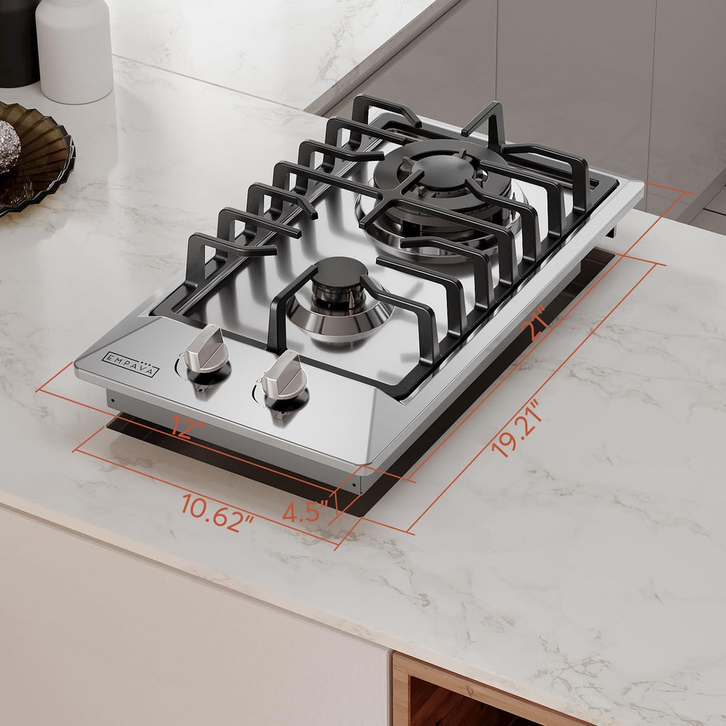 Empava 12' Gas Stove Cooktop with 2 Italy Sabaf Sealed Burners NG/LPG Convertible in Stainless Steel, 12 Inch