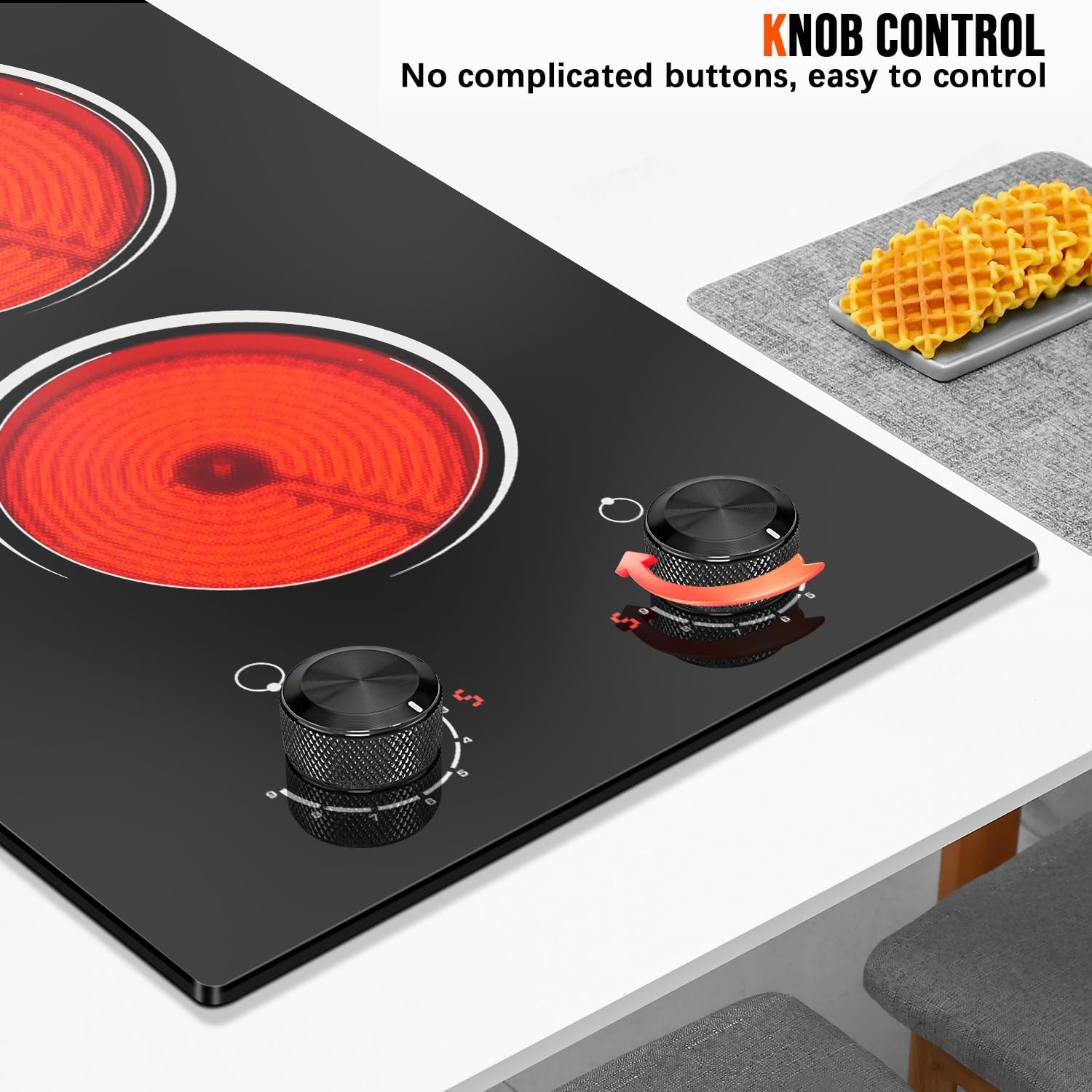 2 Burner Electric Cooktop 110V, 12 Inch Electric Cook Top Plug in, 2000W Electrics Stove with Knob Control, Countertop & Built-in Ceramic Stovetop, 9 Heating Level, Residual Heat Indicator
