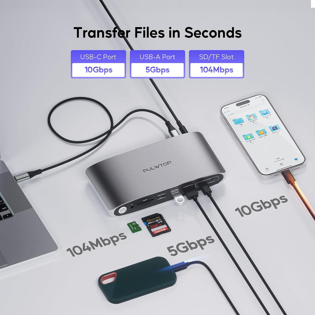 DisplayLink Docking Station Triple Monitor with 140W Power Adapter, PULWTOP 4K@60Hz Laptop Docking USB C Dock for MacBook M1/M2/M3, Windows, 3xHDMI, 2xDisplayPort,5xUSB C/USB A Data/Charging