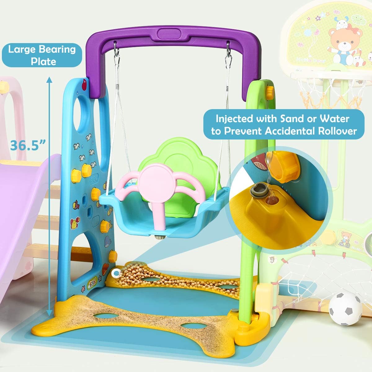 Costzon 6 in 1 Toddler Slide and Swing Set, Kids Large Climber Slide Playset with Basketball Hoop and Football Gate, Playground Swing Set for Indoor Outdoor Backyard 3-10 Gifts Presents