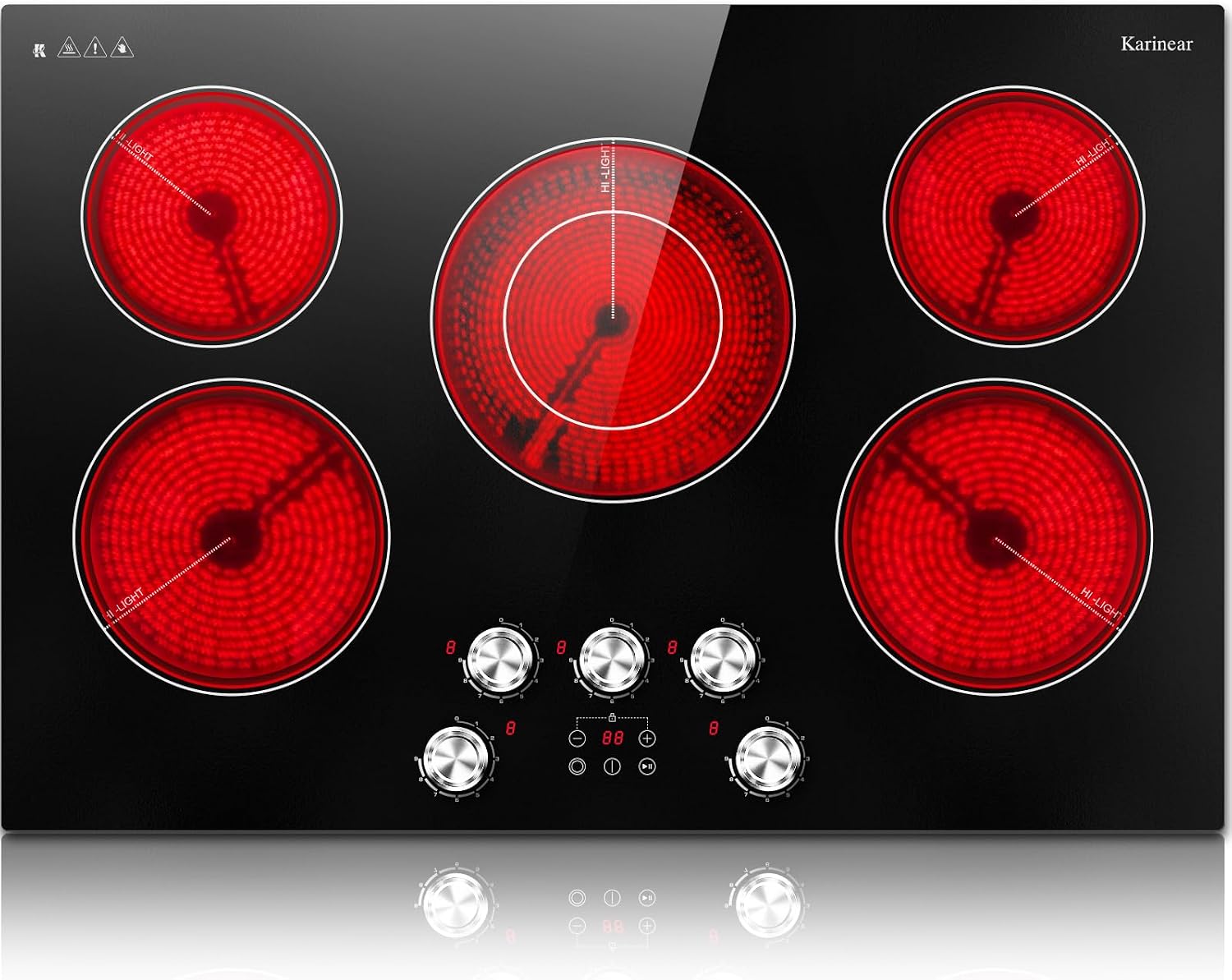 Karinear Electric Cooktop 30 Inch, 5 Burner Radiant Cooktop with Knob & Touch Control, 8500W 240V Built-in Stove Top, 9 Power Levels, Timer, Child Lock, Pause, Residual Heat Indicator(Sliver Knob)