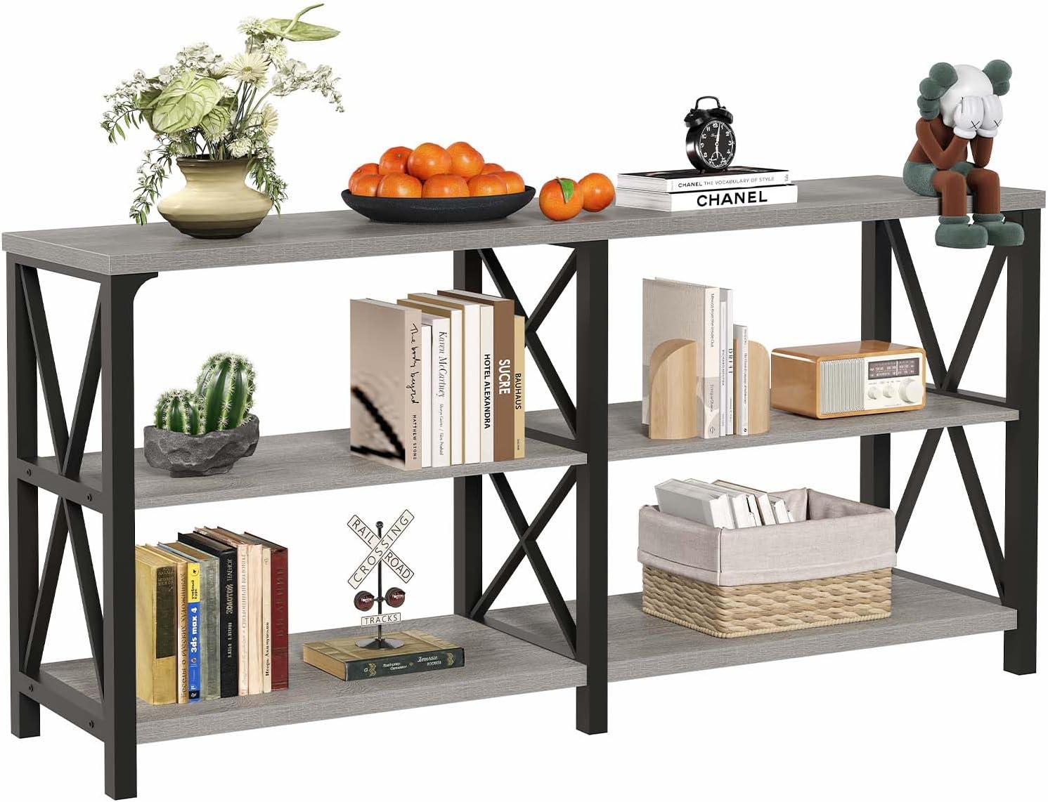 LVB Industrial Entryway Table, Farmhouse Rustic Console Table Behind Couch, Long Metal Wooden Sofa Table with Storage Shelf, Modern Foyer Hallway for Living Room Bedroom, Light Grey Oak, 63 in