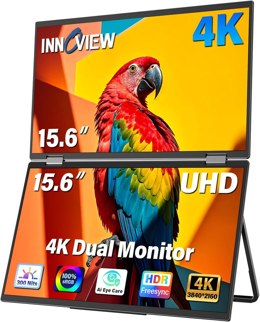 InnoView Portable Dual Monitor 15.6' 3840x2160P 4K 100% sRGB | Owl Eye Vision - Foldable Design with 315° Screen Adjustment, 180° Stand | DP/USB-C/HDMI, Dual Screen Extender for Laptop, Mac, Windows