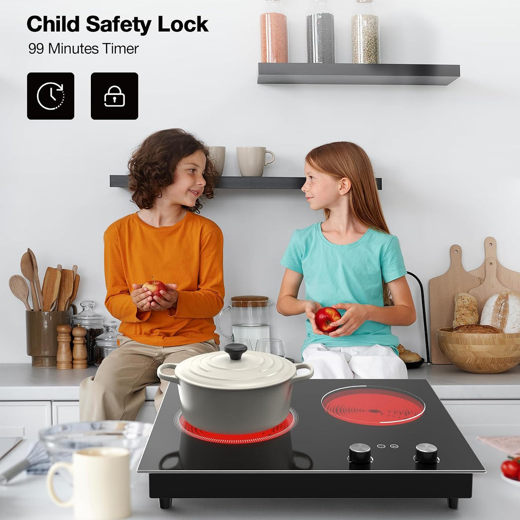 GIHETKUT Electric Cooktop,1110V 2100W 2 Burner stove,Built-in & Countertop Stove Top with10 Heating Level, Timer & Kid Safety Lock, LED Knob Touch Control 2 Burner Electric Cooktop