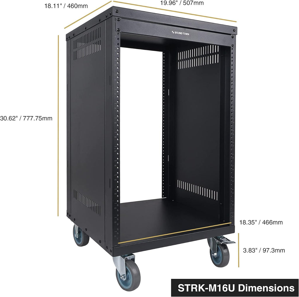 Sound Town 16U Universal Steel Rack, w/Mesh Doors, Locking Casters, Vented Side Panels for Audio Video, Server and Network Equipment (STRK-M16UWD)