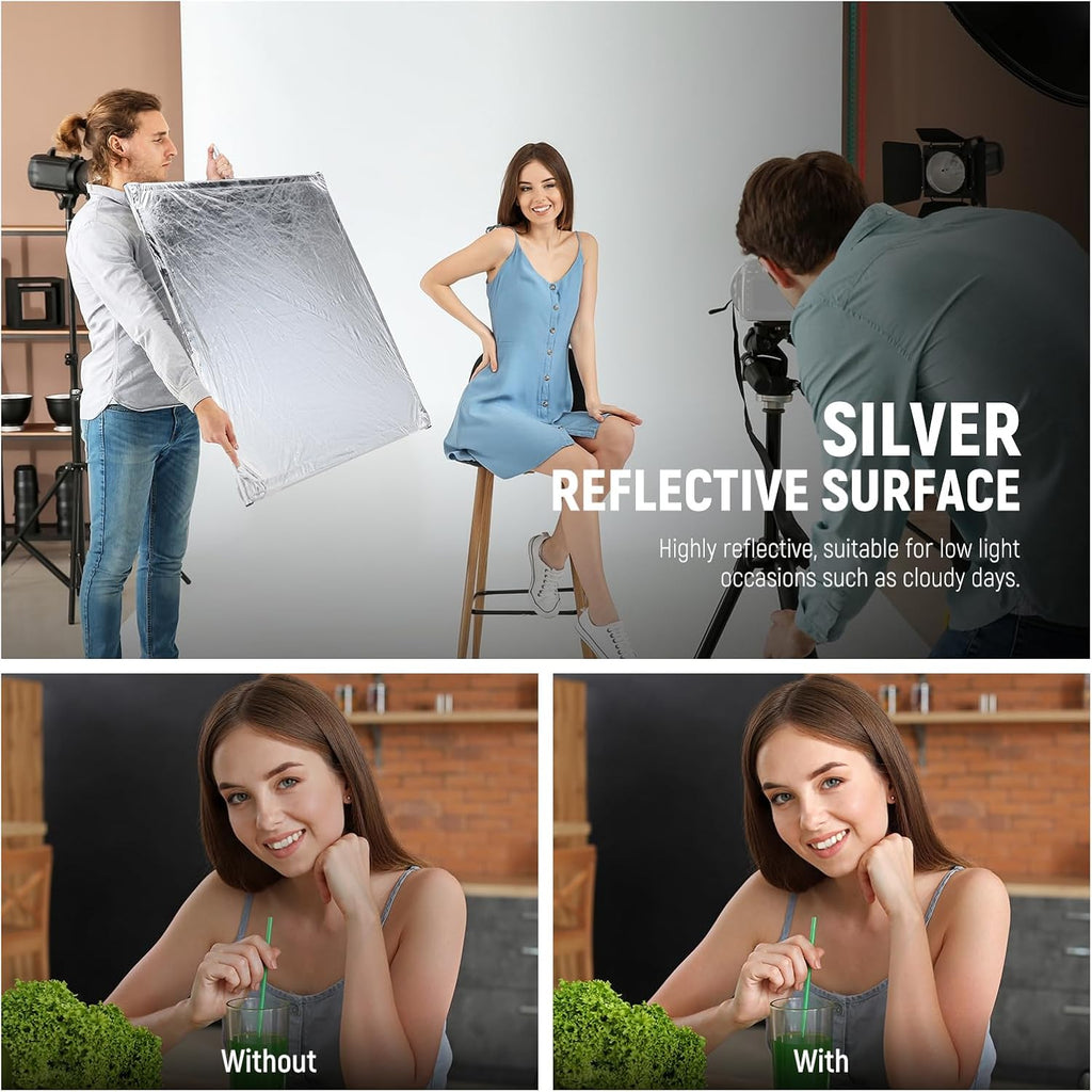 NEEWER Light Diffusion Panel Scrim Kit with Silver/White Reflector Film 35'x35' Foldable Frame with 5/8' Baby Pins Handle for C Stand 3 in 1 Diffuser for Studio Portrait Product Photography, SF9090F