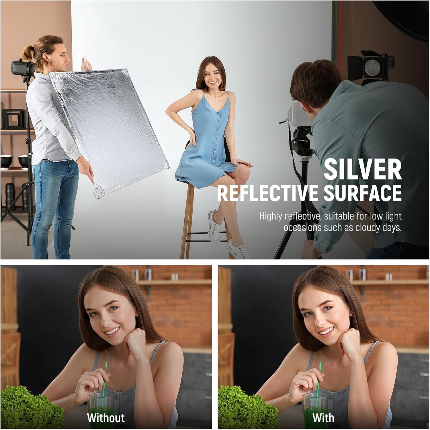NEEWER Light Diffusion Panel Scrim Kit with Silver/White Reflector Film 35'x35' Foldable Frame with 5/8' Baby Pins Handle for C Stand 3 in 1 Diffuser for Studio Portrait Product Photography, SF9090F