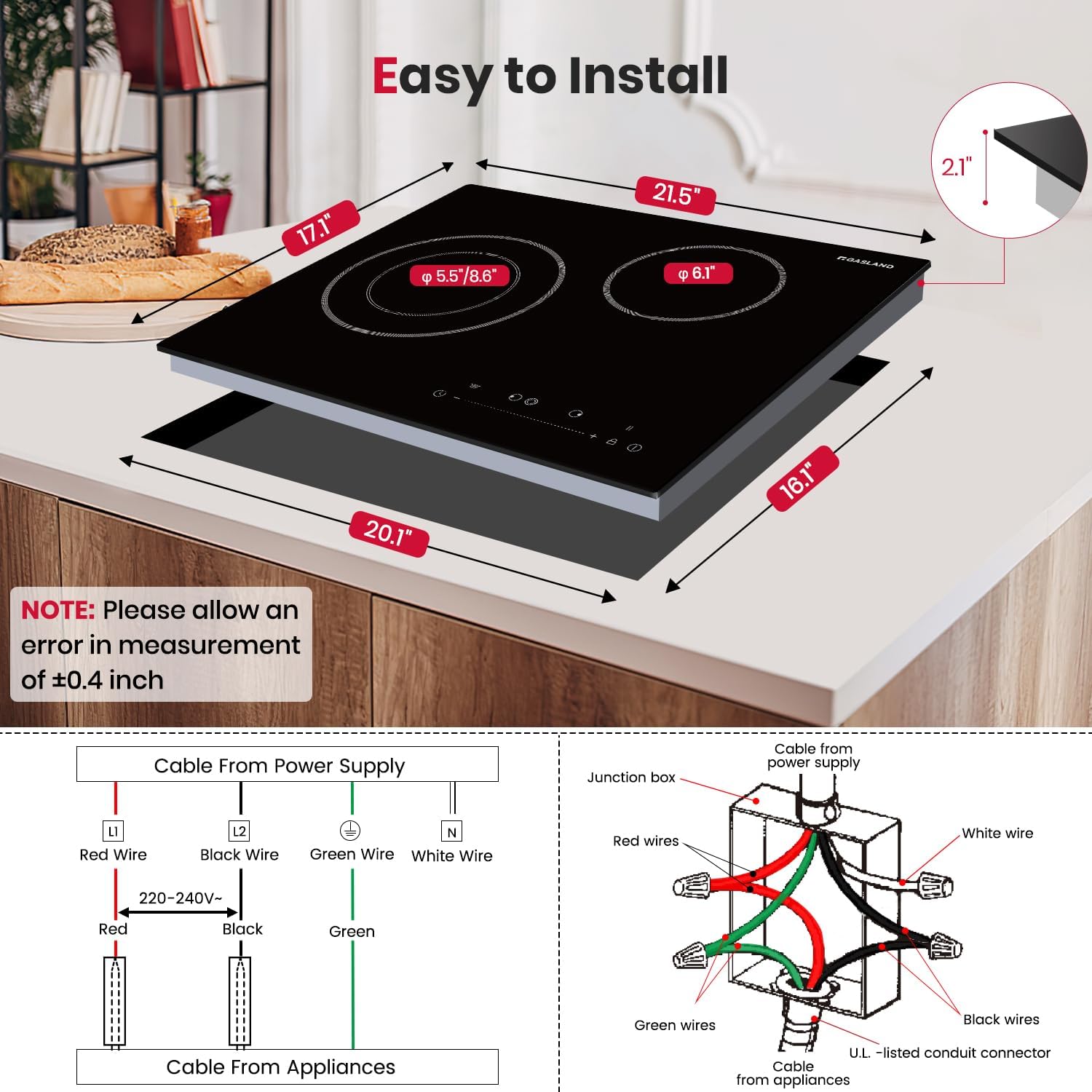 GASLAND Electric Cooktop 21 Inch, ETL Certificated 2 Burners, 3700W Built-in Radiant Stove Top With 16 Power Levels, 240V Ceramic Stovetop for Apartment, Slide Touch Control