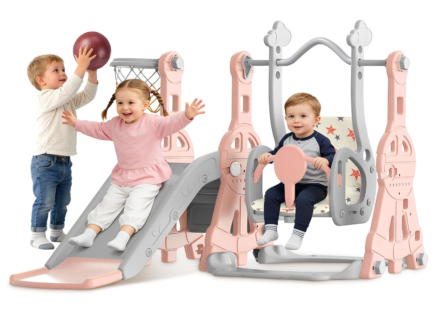 BIERUM Toddler Slide and Swing Set - Baby Slide for Toddlers Age 1-2, with Basketball Hoop, Indoor Outdoor Playset Pink Gray