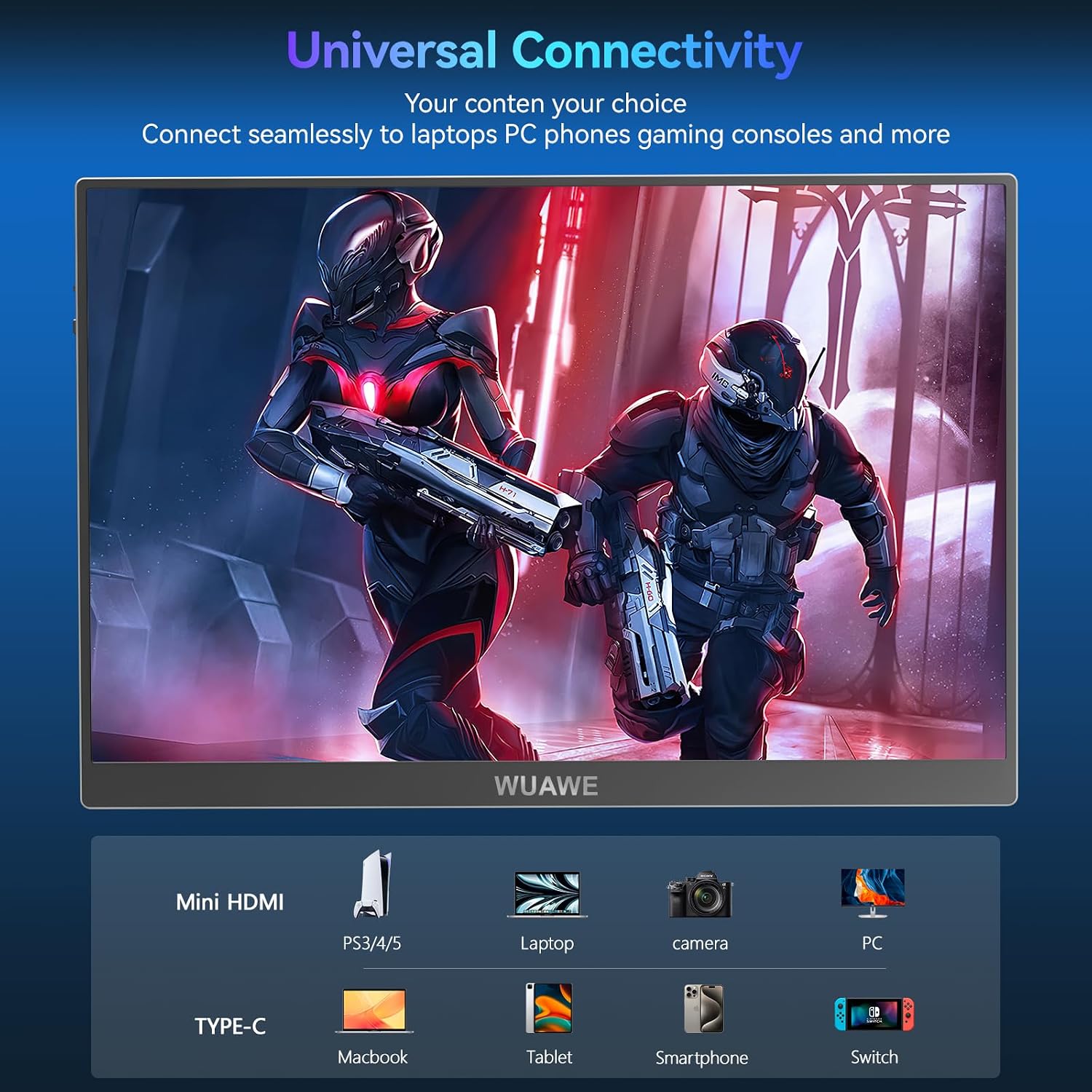 WUAWE 120Hz Portable Monitor, 100% sRGB 16 Inch Portable Gaming Monitor with Built-in Stand, HDR and Freensync, External USB C Monitor for Laptop, PC, Phone, Switch and PS5 (Silver)