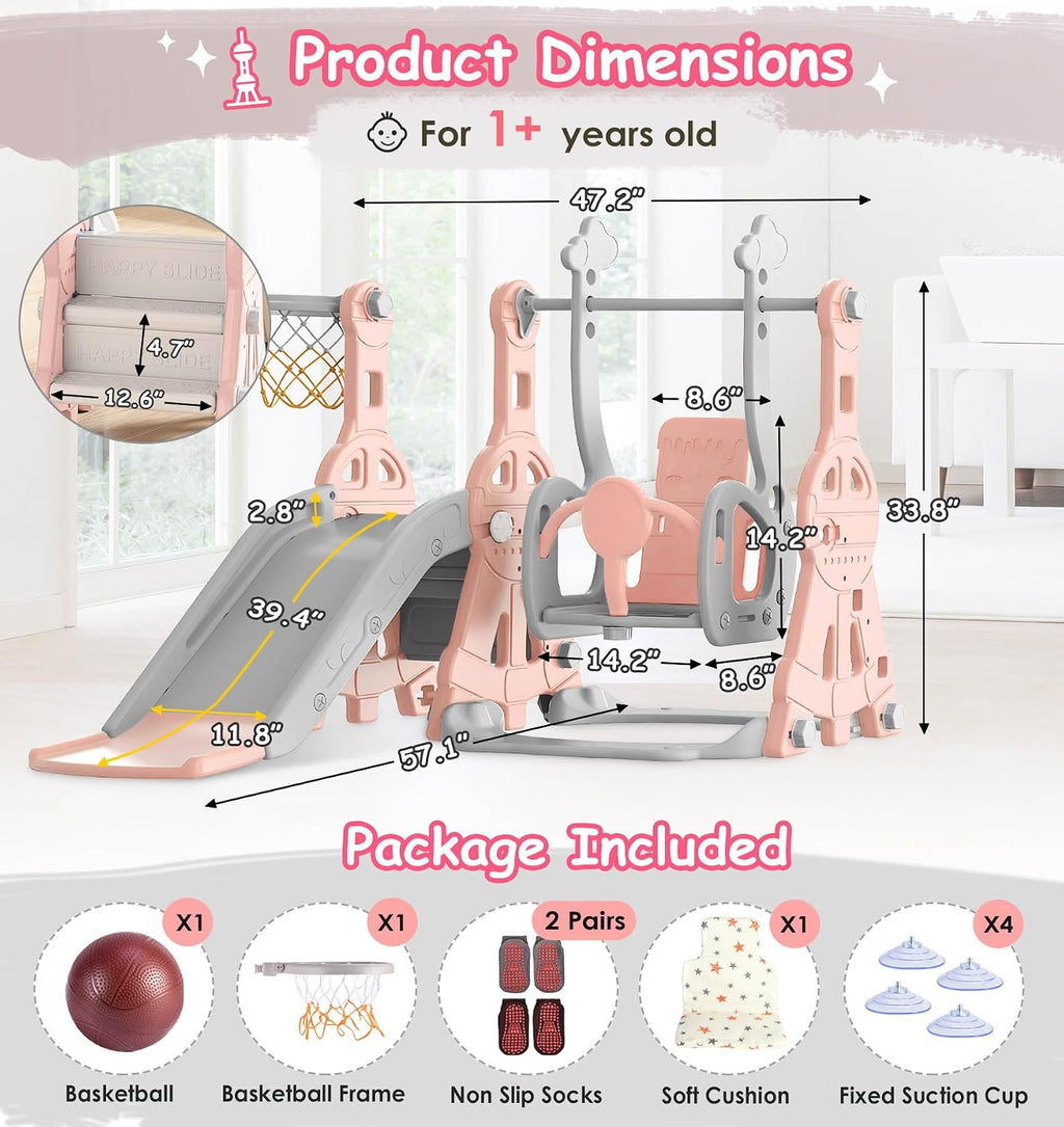 BIERUM Toddler Slide and Swing Set - Baby Slide for Toddlers Age 1-2, with Basketball Hoop, Indoor Outdoor Playset Pink Gray