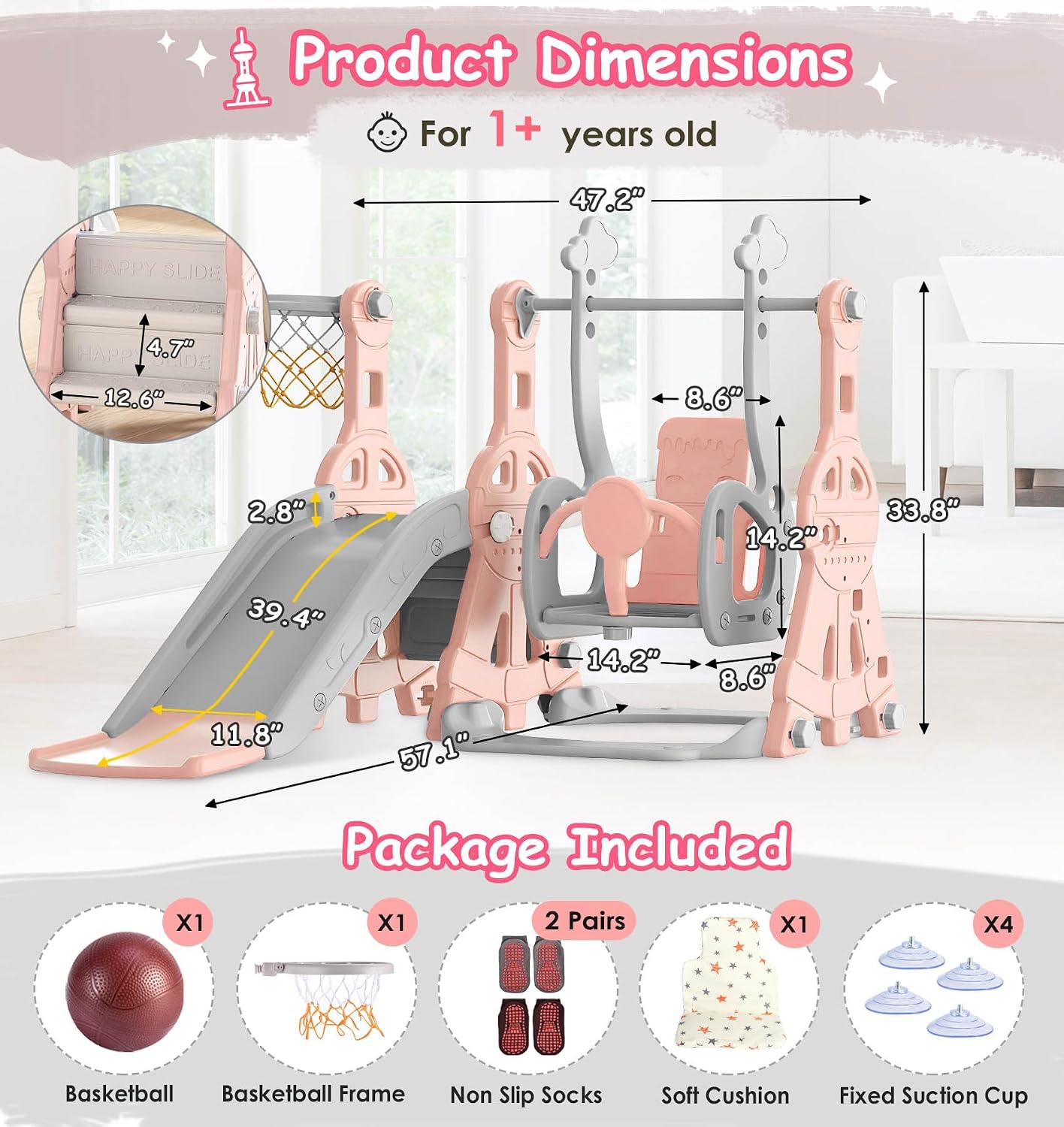 BIERUM Toddler Slide and Swing Set - Baby Slide for Toddlers Age 1-2, with Basketball Hoop, Indoor Outdoor Playset Pink Gray