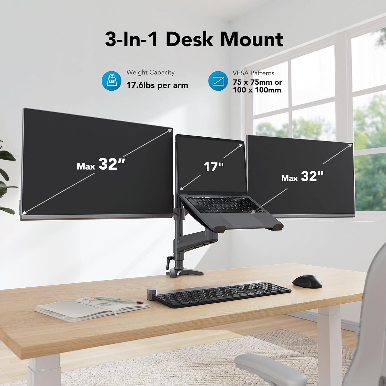 HUANUO Dual Monitor and Laptop Mount for Max 32' Monitor and 17' Laptop, Adjustable Arm with Tilt, Swivel and Rotation, Dual Monitor and Notebook Stand with VESA Bracket 75/100 mm