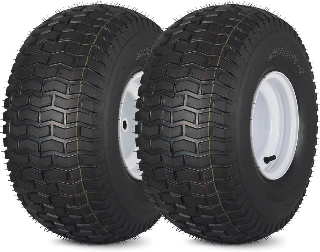 GICOOL 20x10.00-8 Lawn Mower Tire and Wheel, 4 Ply Tubeless Tire, Replacement 20x10-8nhs Riding Lawn Mower and Tractor Rear Tire and Wheel Assemblies, 3.5' Offset Hub, 3/4' Borehole, and 3/16' Keyway