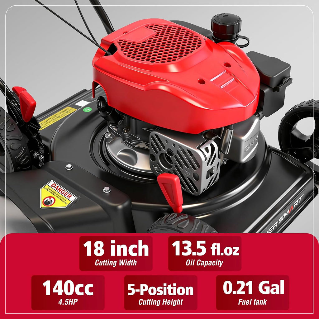 PowerSmart 18' 144CC Gas Lawn Mower, 5-Position Height Adjustment, Metal Deck, Foldable Design, Up to 1/4 Acre