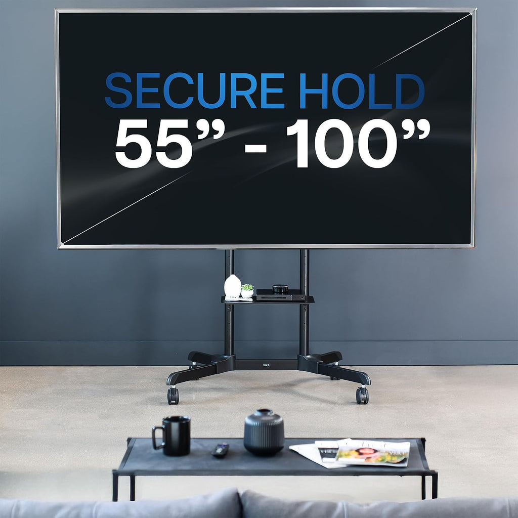 VIVO Mobile TV Cart for 55 to 100 inch Screens up to 165 lbs, LCD LED OLED 4K Smart Flat and Curved Panels, Rolling Stand with Laptop DVD Shelf, Locking Wheels, Max VESA 800x600, Black, STAND-TV100E