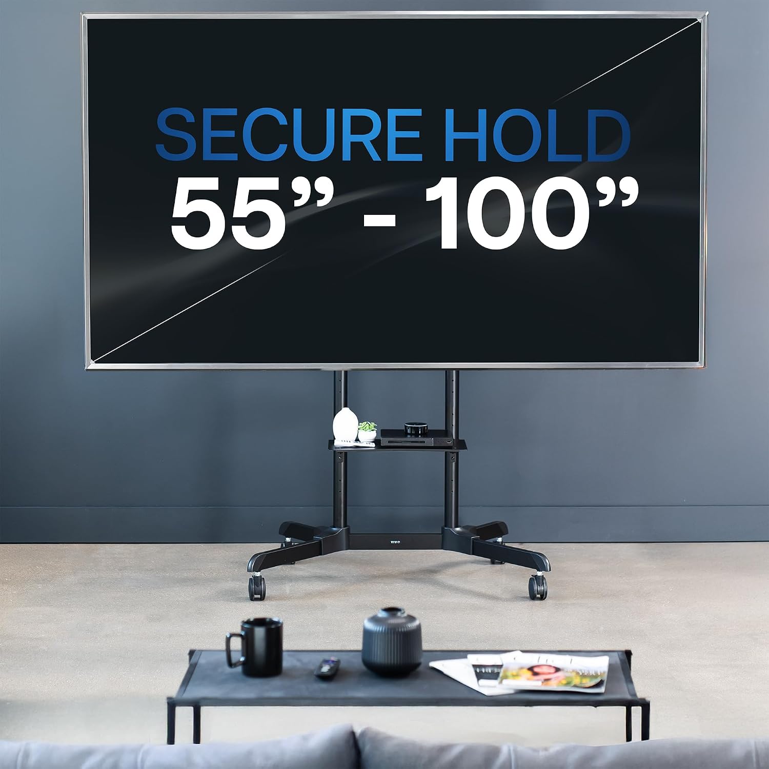VIVO Mobile TV Cart for 55 to 100 inch Screens up to 165 lbs, LCD LED OLED 4K Smart Flat and Curved Panels, Rolling Stand with Laptop DVD Shelf, Locking Wheels, Max VESA 800x600, Black, STAND-TV100E