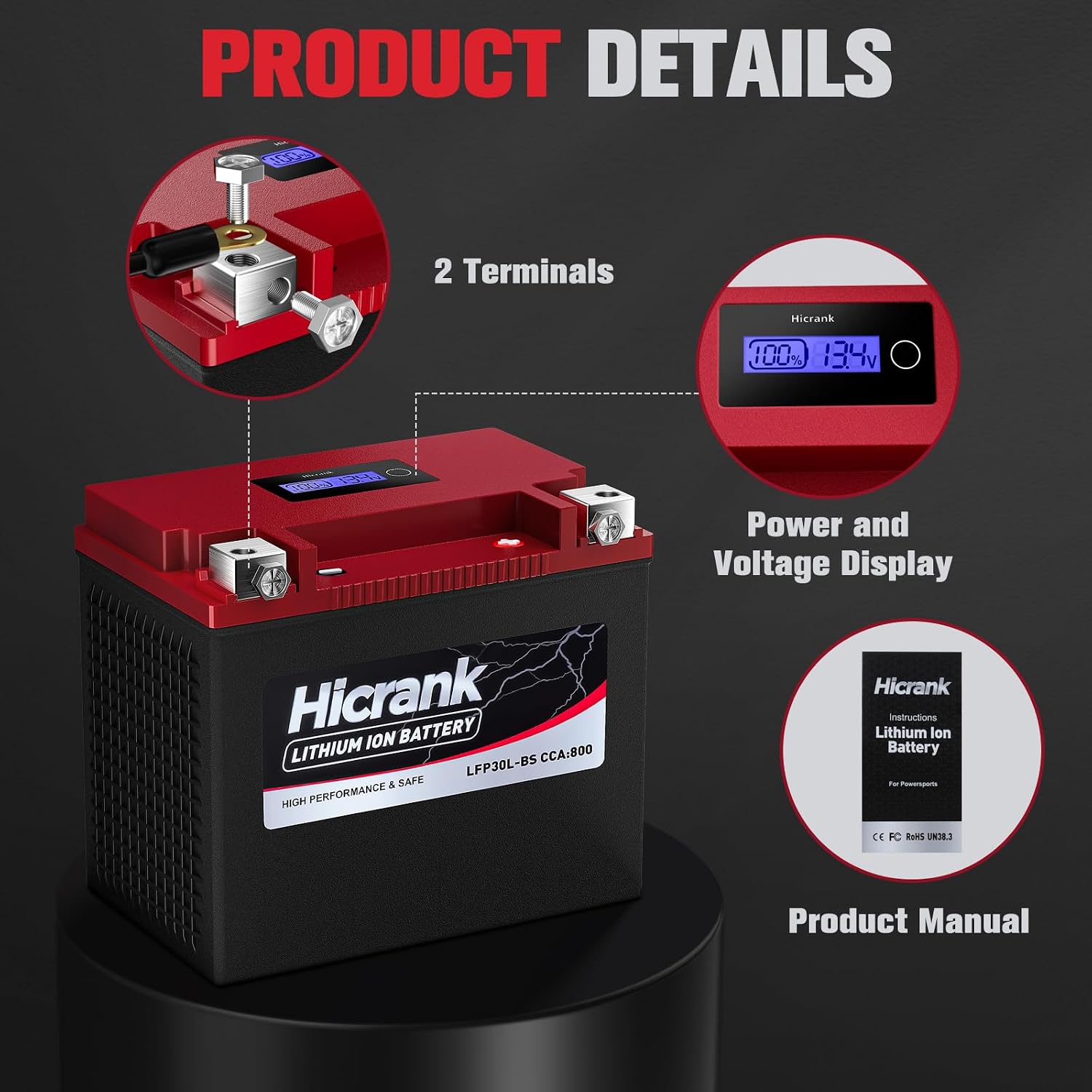 YTX30L-BS/YIX30L-BS High Performance LiFePO4 Motorcycle Battery,Digital Readout, 12V 18Ah 800CCA Fits for KTM Yamaha Harely, ATV, UTV,Jet Ski, PWC,Snowmobile, 4 Wheeler