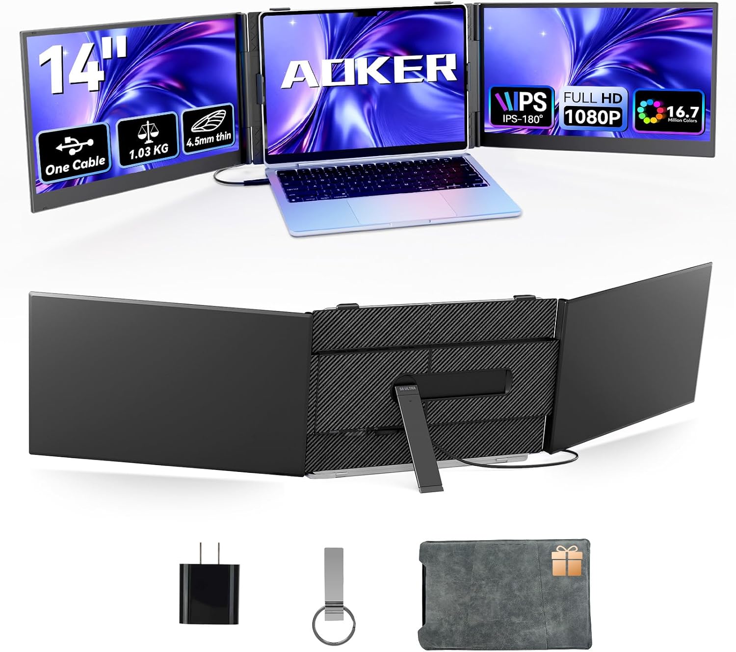 One Cable Connection Triple Laptop Screen Extender - Ultra Thin 14' Monitor IPS FHD 1080P Lightweight Portable Display for 13'-17' Laptops Compatible with Windows Mac Chrome Travel Work Setup