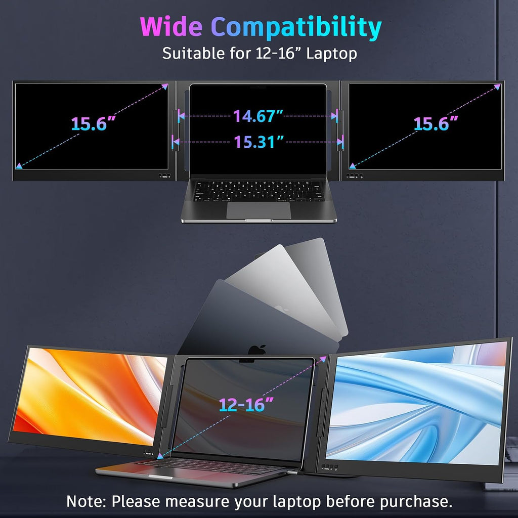 QQH Laptop Screen Extender, 15.6' Triple Portable Monitor with Ultra-Slim FHD IPS Display, One Cable USB-C Monitor Extender Compatible with MacOS, Windows, Android for 12-16' Laptop (Driver Need)