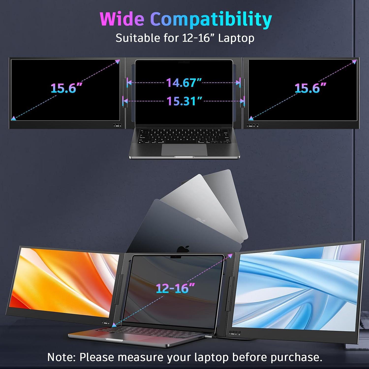 QQH Laptop Screen Extender, 15.6' Triple Portable Monitor with Ultra-Slim FHD IPS Display, One Cable USB-C Monitor Extender Compatible with MacOS, Windows, Android for 12-16' Laptop (Driver Need)