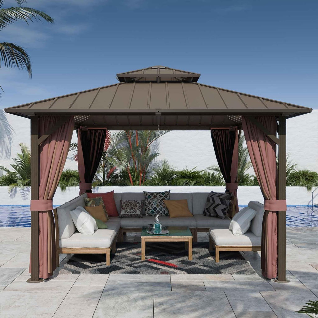 12'x12' Hardtop Gazebo, Outdoor Aluminum Frame Galvanized Steel Double Roof Pavilion with Netting and Shaded Curtains, Permanent Metal Pergolas for Patio, Backyard, Deck and Lawns.