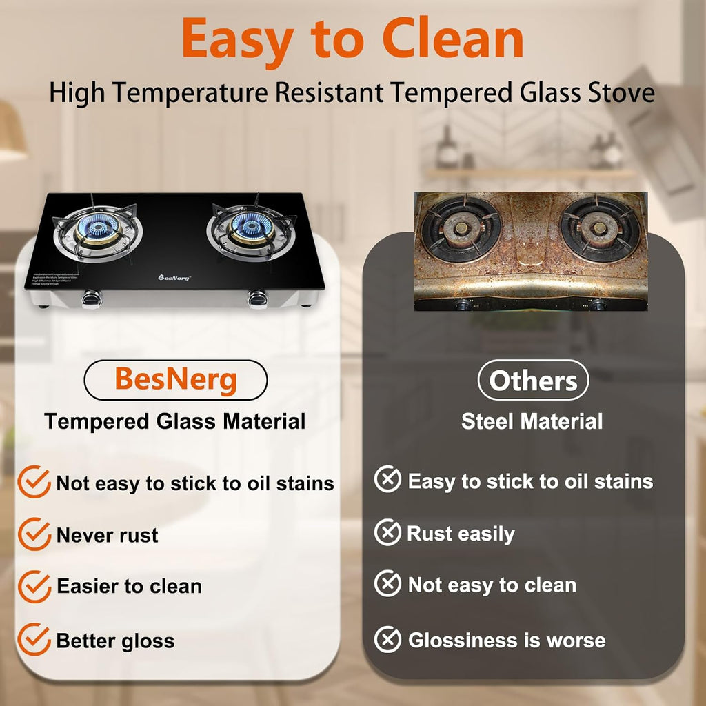 2 Burner Propane Gas Stove with Auto Ignition, 29000 BTU High-Efficiency Heavy-Duty Tempered Glass Cooktop, CSA Regulator & Hose Included, for Outdoor Camping Emergency