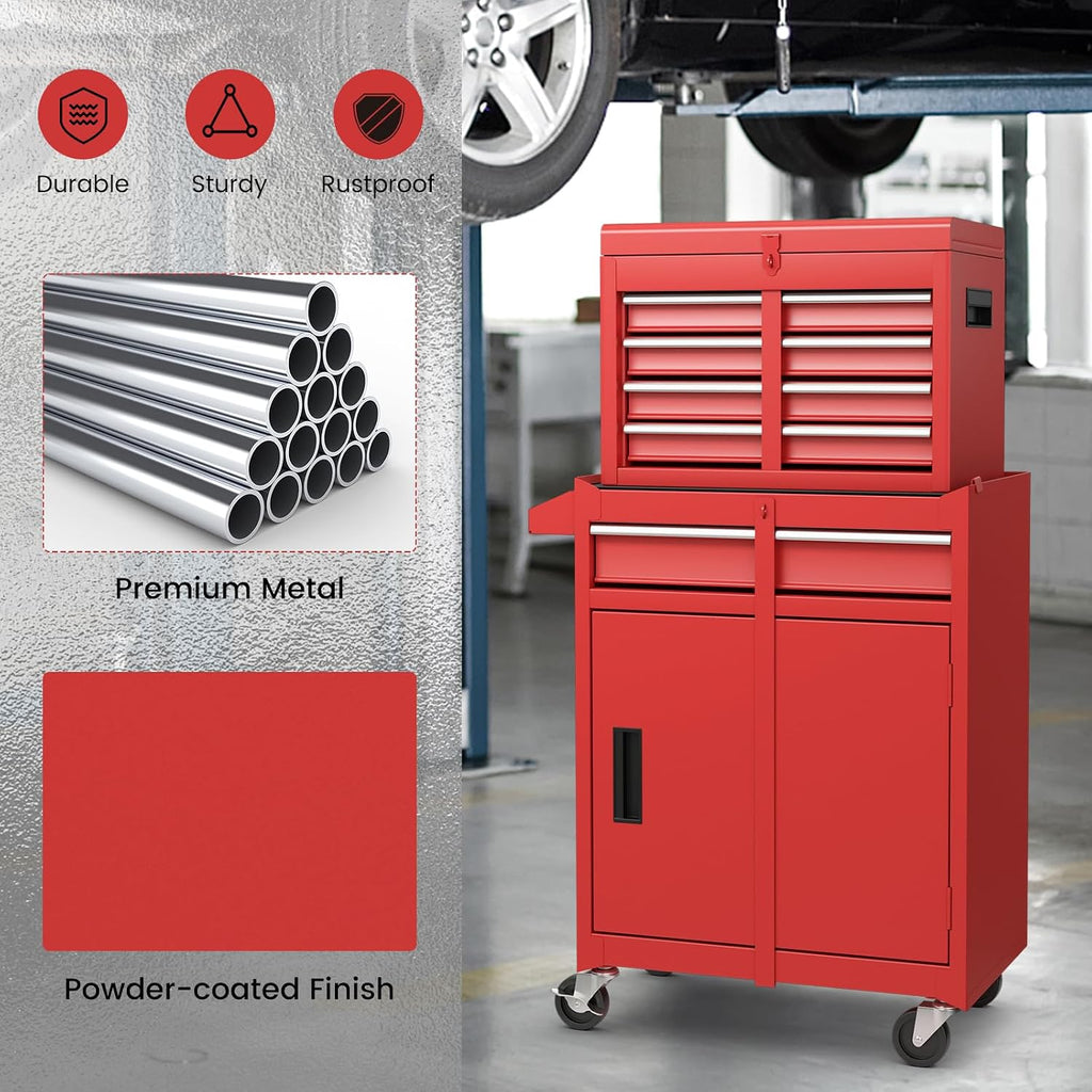 IRONMAX Rolling Tool Chest, 5-Drawer Lockable Tool Cabinet w/Adjustable Shelf & 4 Universal Wheels, 2 in 1 Detachable Tool Box Storage Organizer for Garage Workshop Repair Shop, Red