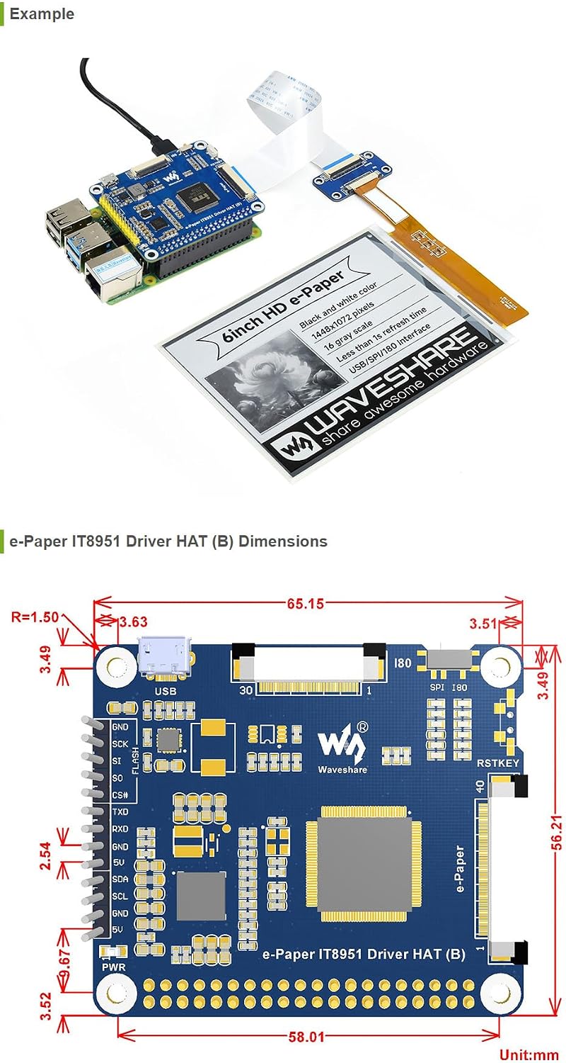 Waveshare 6inch E-Ink Display HAT Compatible with Raspberry Pi 4B/3B+/3B/2B/B+/A+/Zero/Zero W/WH/Zero 2W Series Boards 1448×1072 High Definition Black/White 16 Gray Scale Supports Partial Refresh