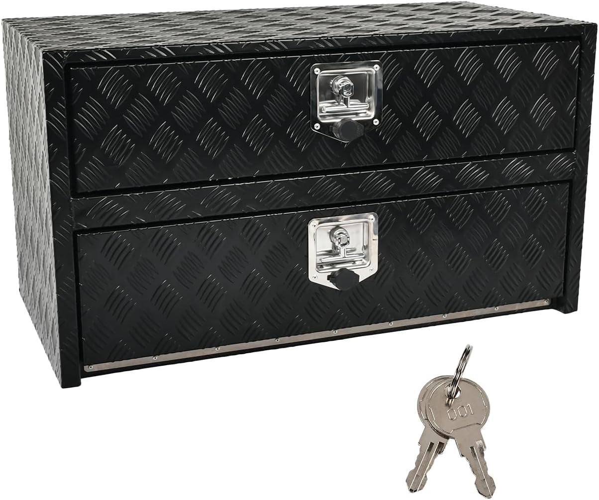 36'' Inch Black Aluminum Underbody Truck Box w/Drawer & Lock T-Handle Latch Key 36 x 18 x 20 Inch Truck Tool Box Job Box For Storage & Organization
