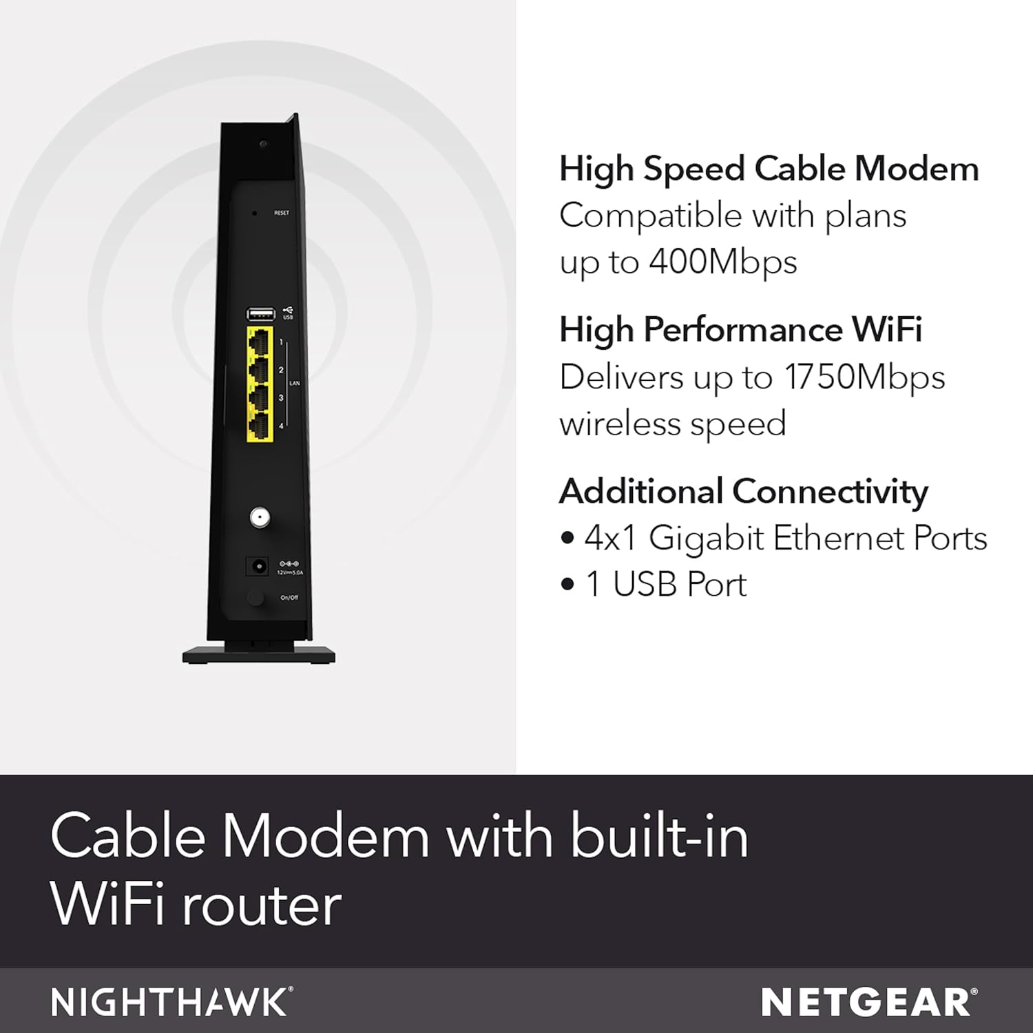 NETGEAR Cable Modem WiFi Router Combo C6300 | Compatible with Cable Providers Including Xfinity by Comcast, Spectrum, Cox for Cable Plans Up to 400Mbps | AC1750 WiFi Speed | DOCSIS 3.0
