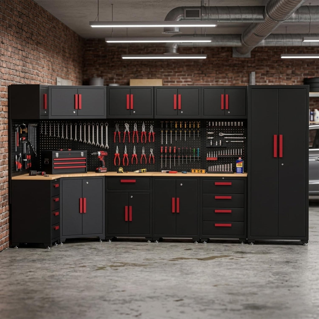 18-Piece Corner Garage Storage Cabinet System - Heavy Duty Workshop Set w/Corner Cabinet Includes Workbench, Pegboard & Lockable Drawers | Metal Tool Organization System for Garage/Workshop