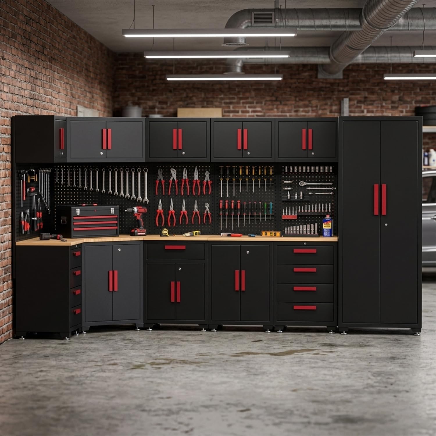 18-Piece Corner Garage Storage Cabinet System - Heavy Duty Workshop Set w/Corner Cabinet Includes Workbench, Pegboard & Lockable Drawers | Metal Tool Organization System for Garage/Workshop