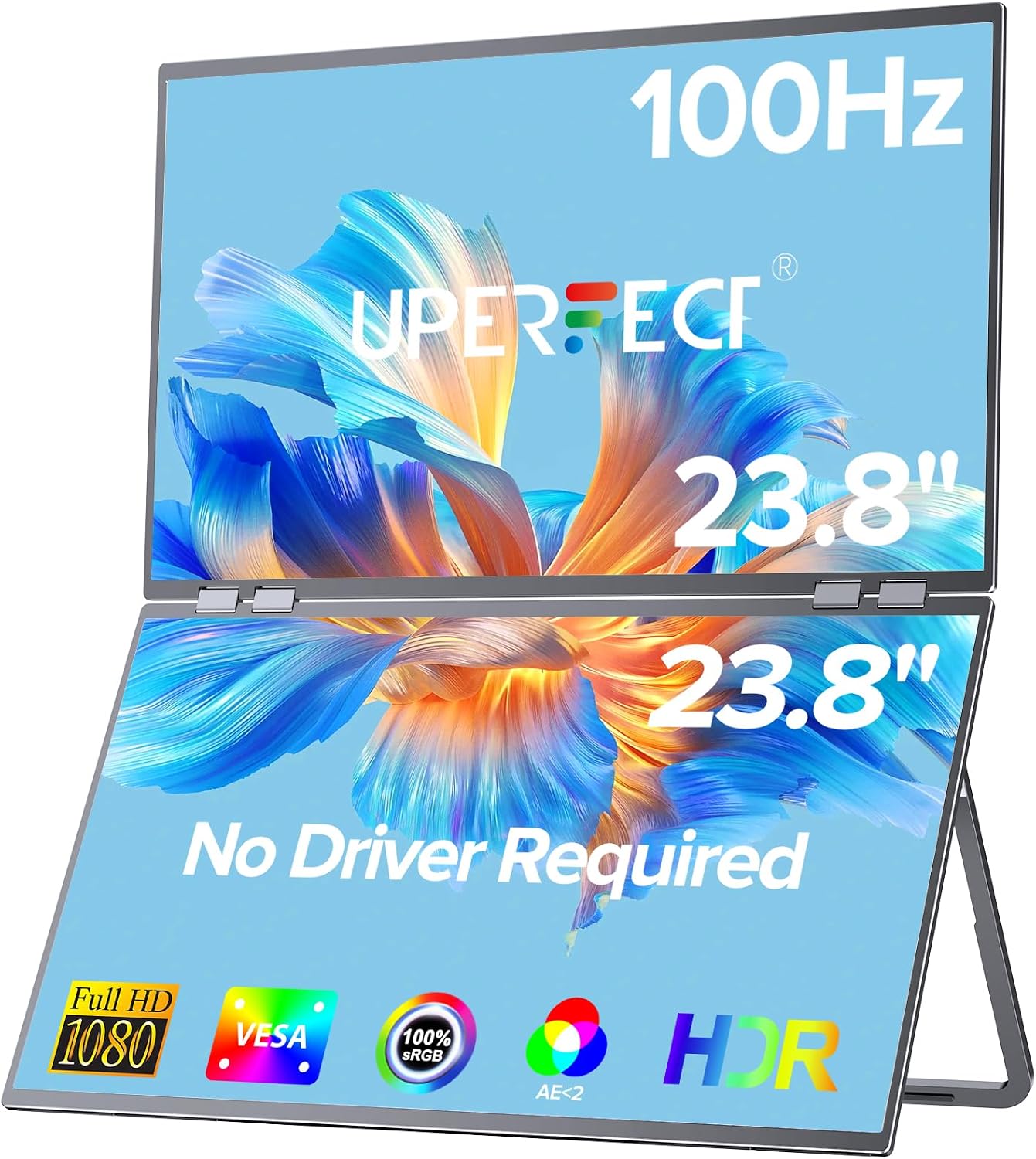 UPERFECT Delta 23.8' 100Hz Portable Dual Monitor for Laptop Screen Extender, 1080P HDR 360° Folding Stacked Triple Monitor with Stand & VESA for Laptop PC Phone Game Console (No Driver Needed)