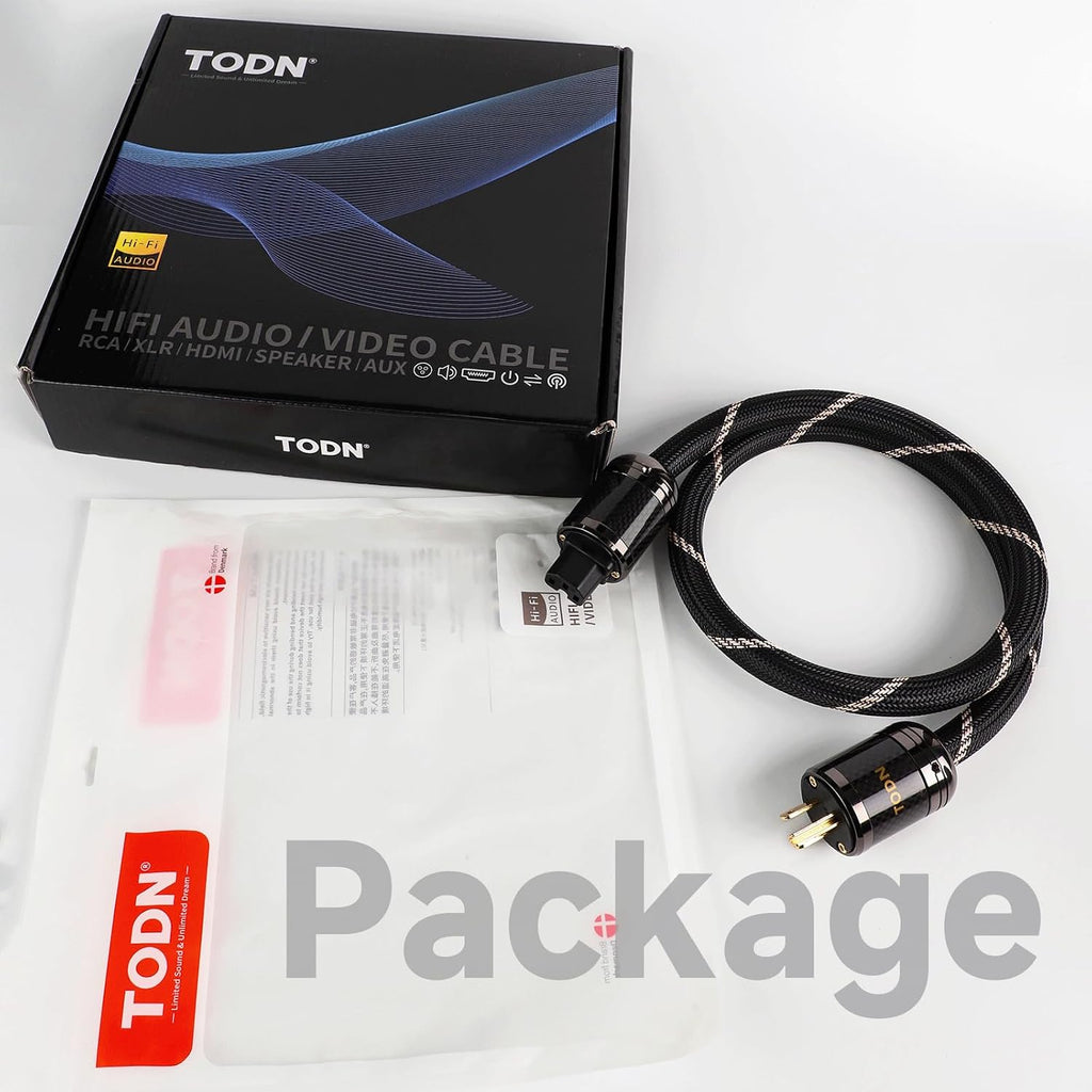 TODN Power Cable Audiophile OFC+OCC Core HiFi Audio Power Cord with Carbon Fiber Shell, 24K Gold Plated 3 Prong Plug/IEC C15, Φ17.5mm, 6.5ft/2m