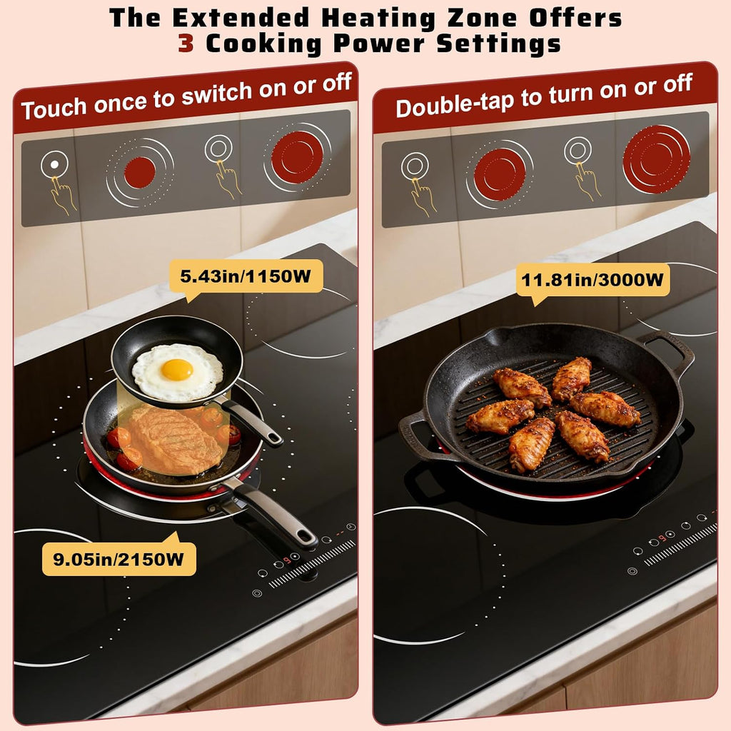 36 Inch Electric Cooktop 5 Burner Electric Stove Top 9200W, Triple‑Ring Central Burner, 9‑Level Slide Control, Touch Control with Safety Lock, 99‑Mins Timer, Pause, Built‑In Size 34.25×19.29 Inch