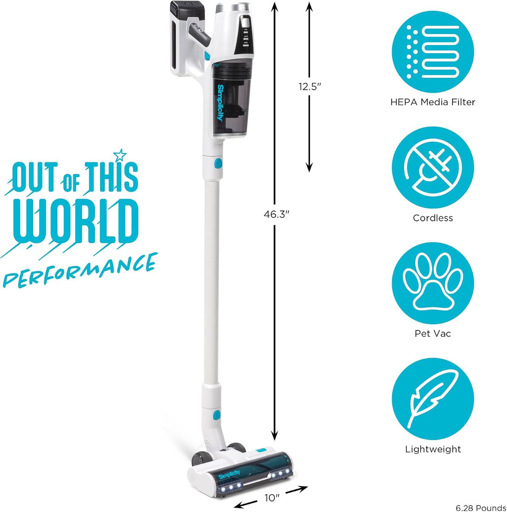 Simplicity Vacuums Stick Vacuum Cordless Rechargeable S67, Lightweight Household Vacuum Cleaners for Pet Hair with 3 Speeds, Multi-Surface Use, HEPA Filter Media, 35 Min Runtime, LED Light, Wall Mount