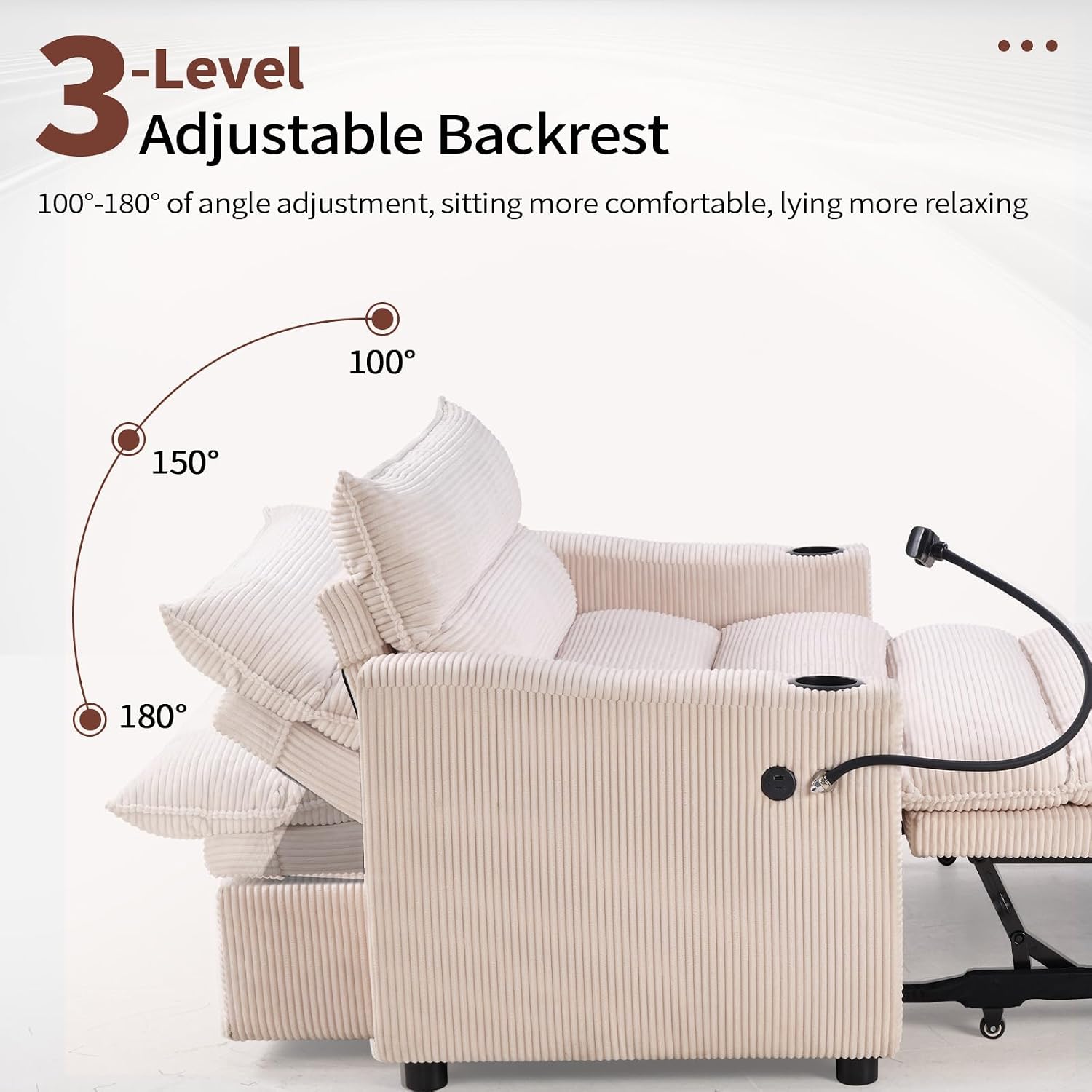 HAOMARKETS 3-in-1 Convertible Loveseat Sleeper Sofa Bed, 2-Seat Pull Out Couch with Cup Holders, Phone Holder and USB Ports, Corduroy 3-Level Adjustable Backrest Couches for Living Room, Beige
