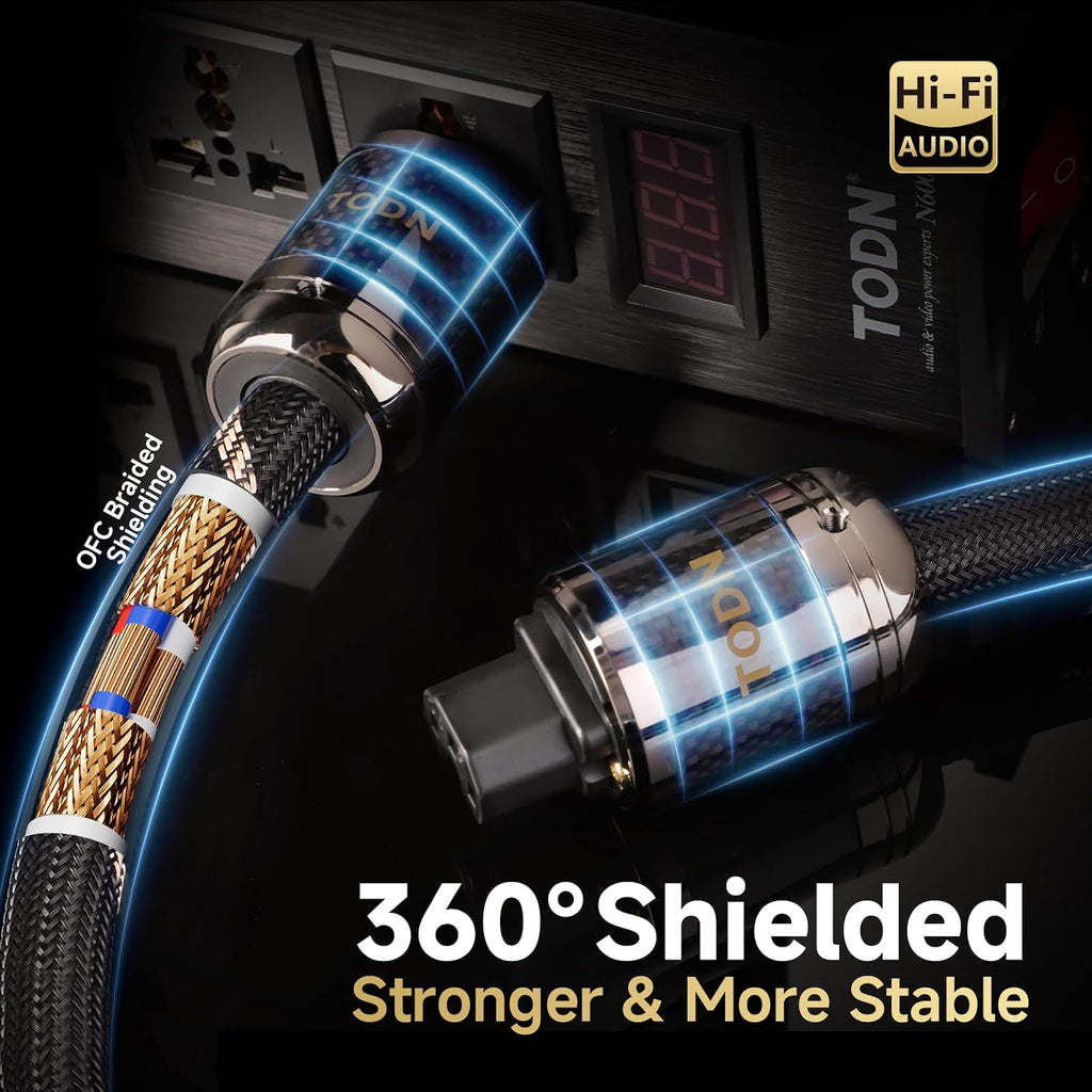 TODN HiFi Power Cable Audiophile OFC+OCC Cores Audio Power Cord with Carbon Fiber Shell, 24K Gold Plated US Plug/IEC C15, Φ17.5mm, 4.9ft/1.5m