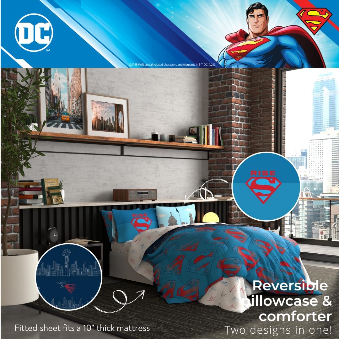 Franco Superman DC Comics Kids Bedding Super Soft & Cozy Reverisble Microfiber Comforter and Sheet Set with Sham, 7 Piece Full Size, (Officially Licensed Product) (Pack of 4)