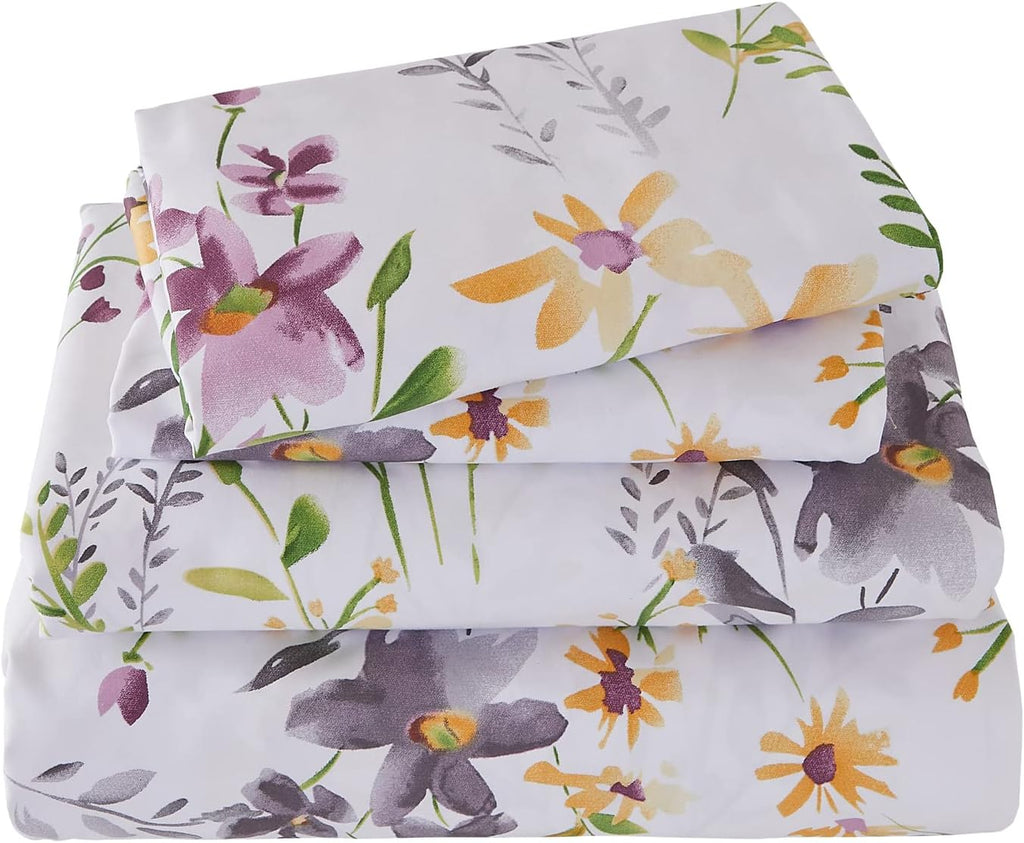 ABREEZE Floral Bedding Shabby Purple Print Bed Sheet Set Girls Bedding Set Luxury Bedding Collections 1000 Thread Count 100% Egyptian Cotton Deep Pocket King, 4 Pieces