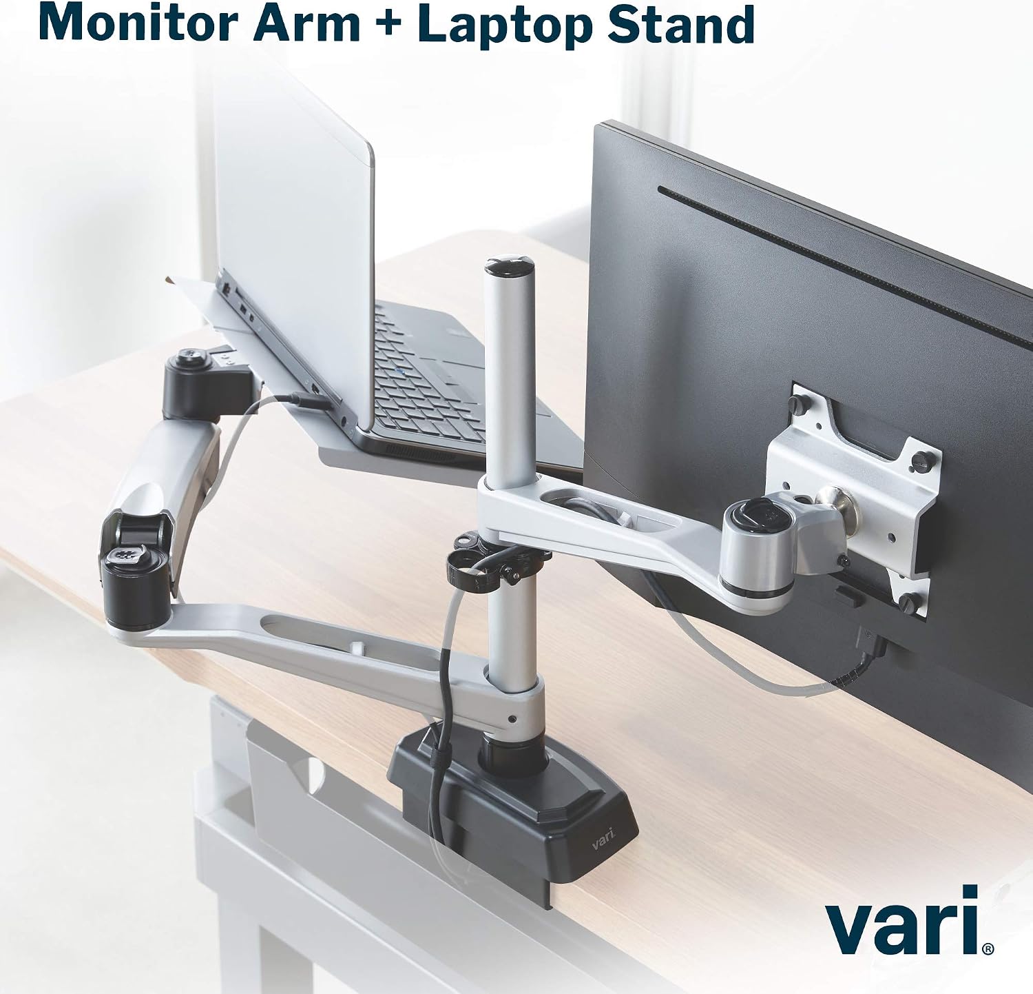Vari Monitor Arm & Laptop Stand - VESA Compatible Mount with 360 Degree Rotation & 15' Laptop Stand with Adjustable Height, Monitors up to 27 inches, 19.8 lbs Capacity - Single Monitor & Laptop Holder