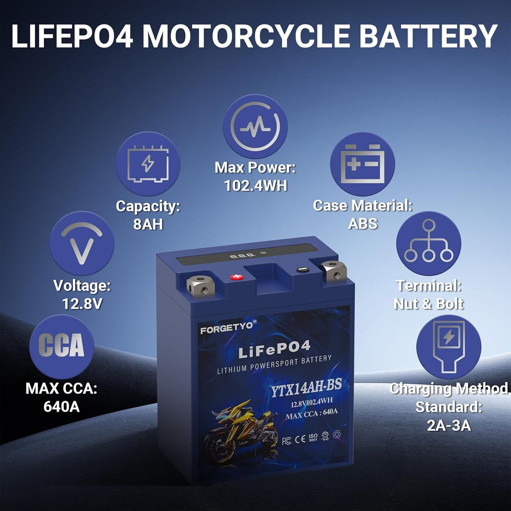 Lithium Motorcycle Battery, Forgetyo YTX14AH-BS 12V 8AH 640A LiFePO4 Lithium Battery, ATV, UTV, Jet Ski Battery