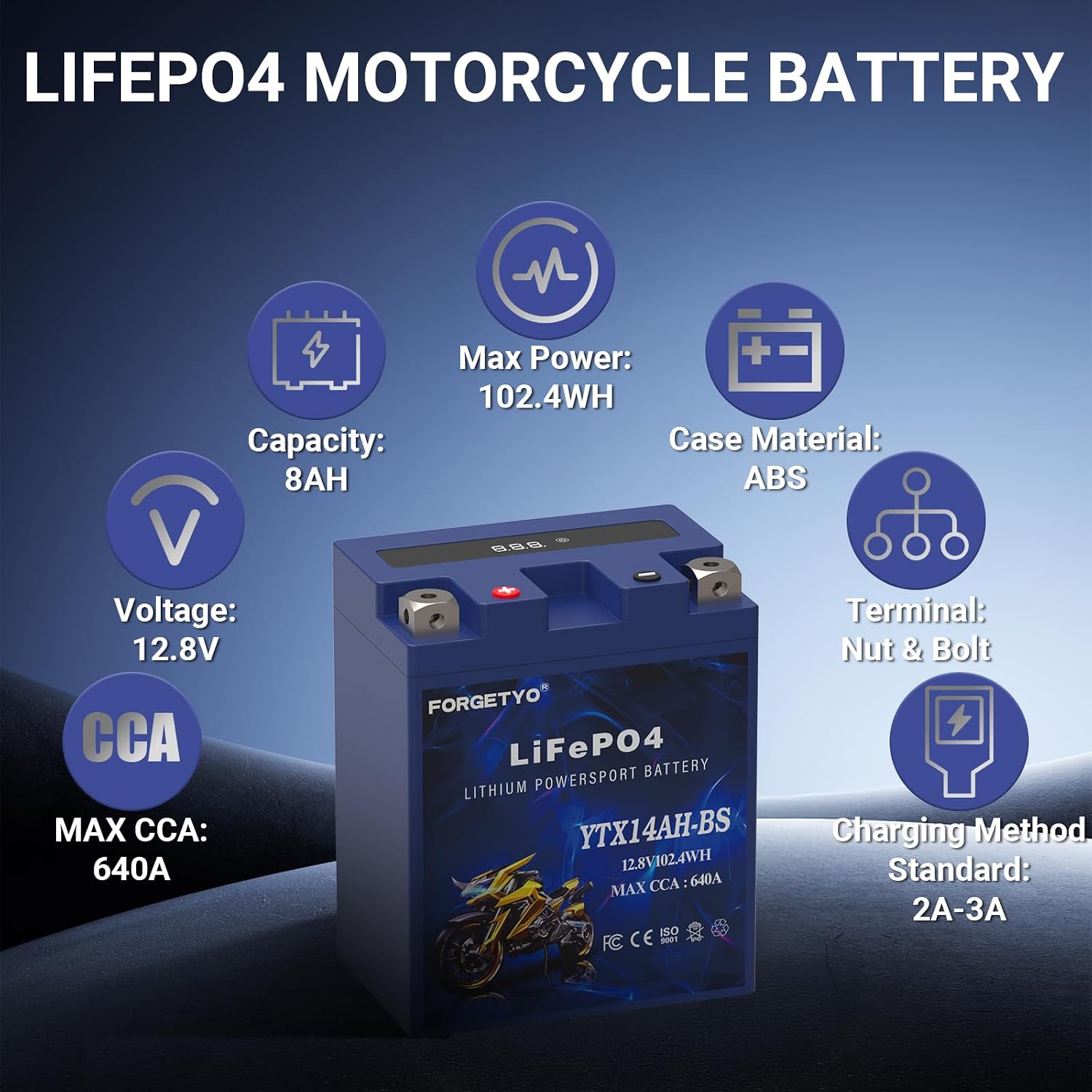 Lithium Motorcycle Battery, Forgetyo YTX14AH-BS 12V 8AH 640A LiFePO4 Lithium Battery, ATV, UTV, Jet Ski Battery