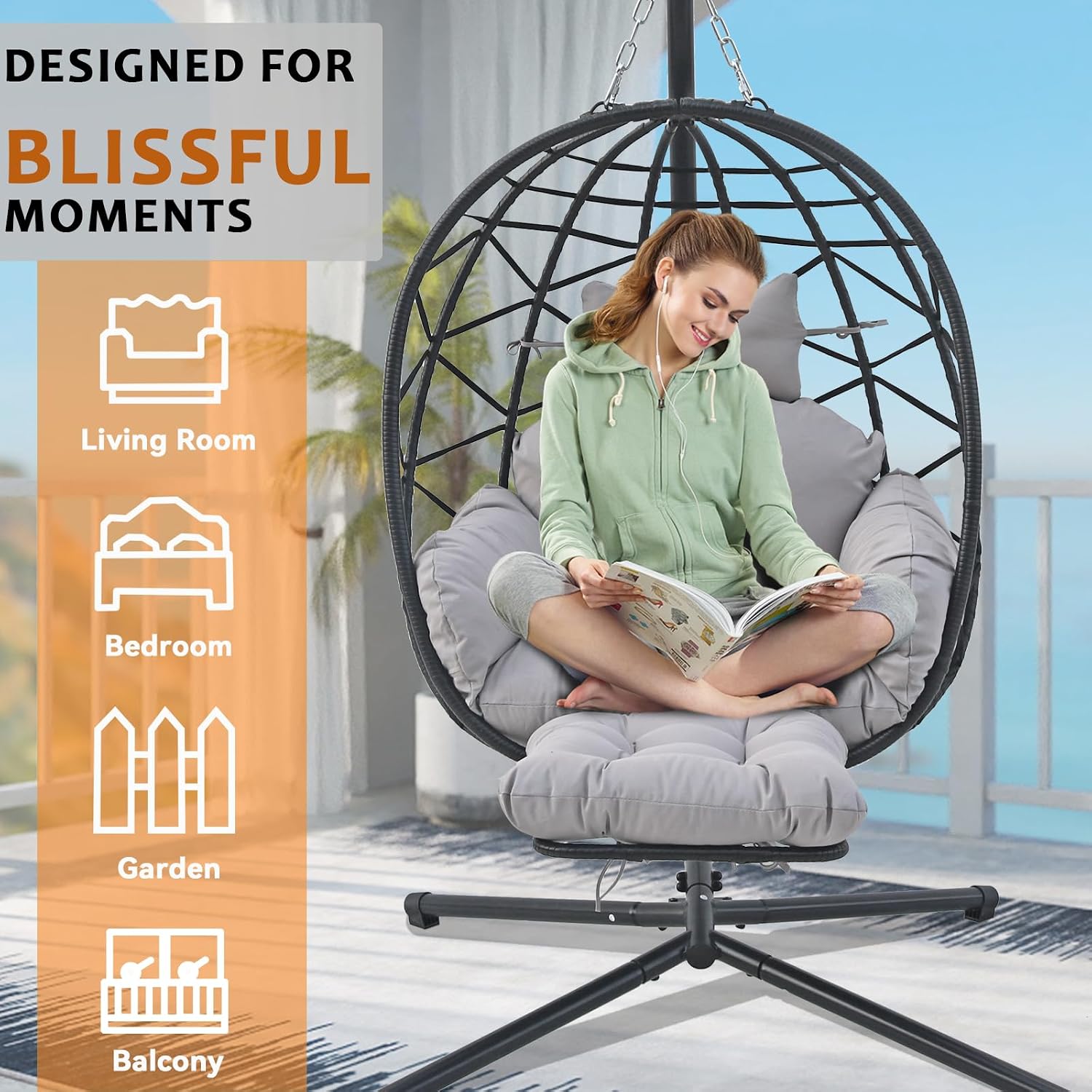 Outdoor Egg Chair with Sturdy Tripod Hammock Leg Rest and Hanging Lounge Chair Swinging Rattan Wicker Swing for Cozy Bedroom Balcony Garden Patio Porch Indoor Use (Black and Grey)